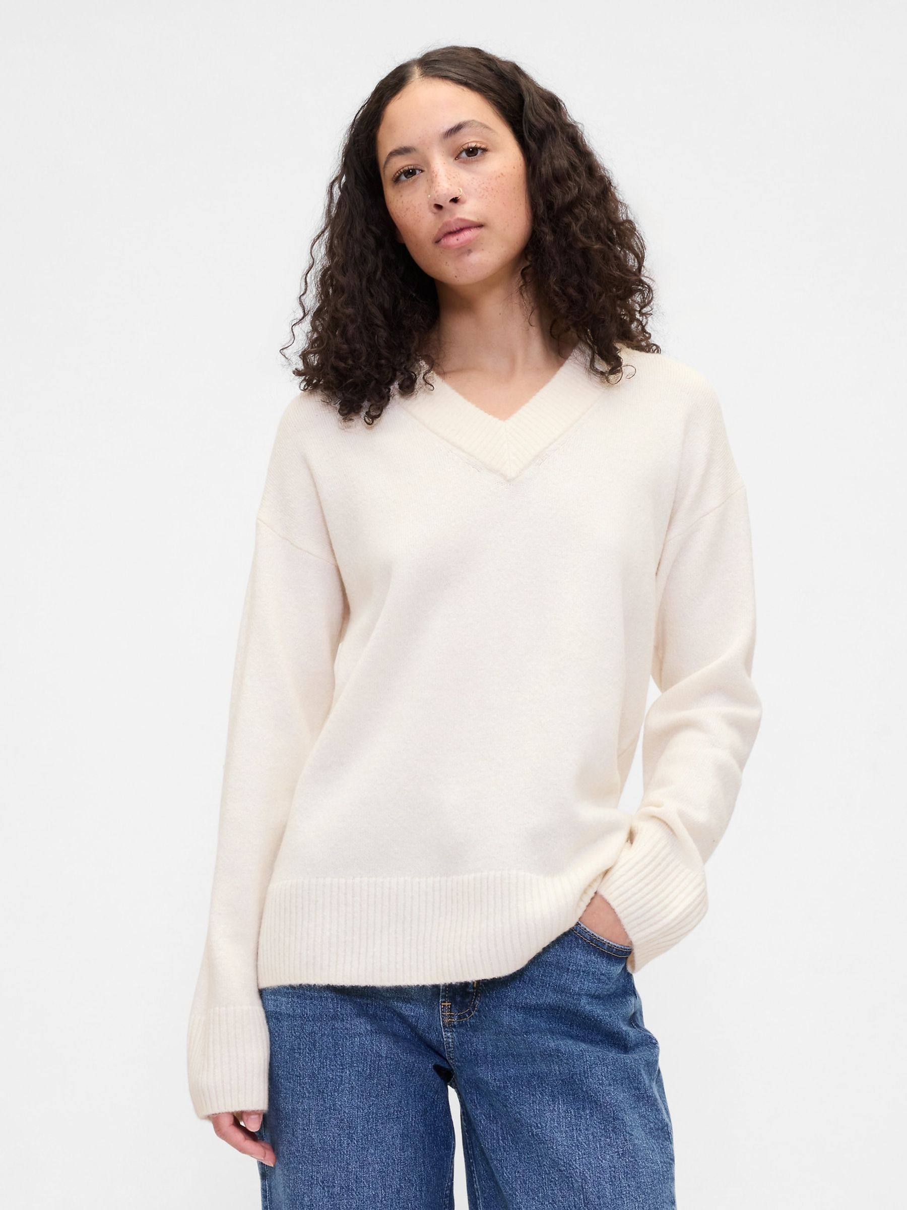 Cream V-Neck Sweatshirt - Image 1 of 5