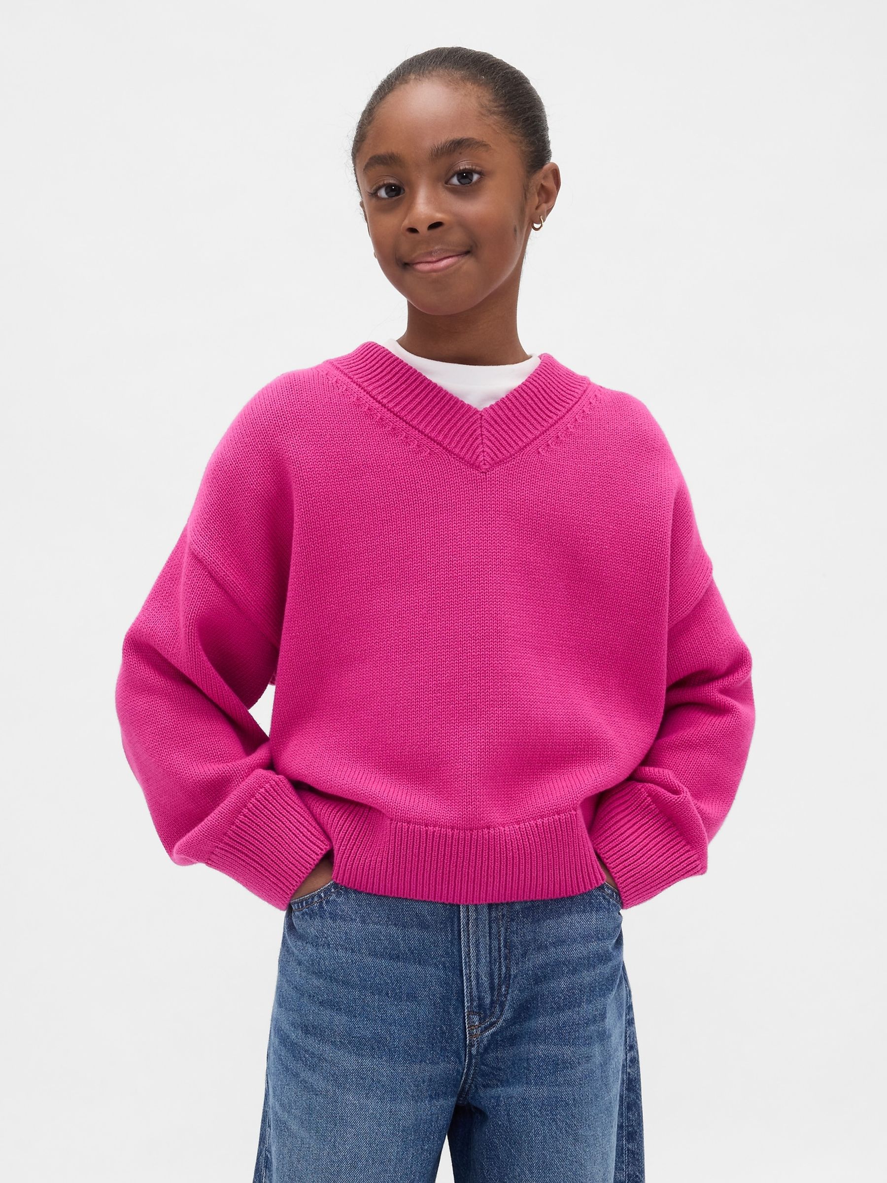 Pink Boxy V-Neck Jumper - Image 1 of 5 Pink Boxy V-Neck Jumper - Image 1 of 5