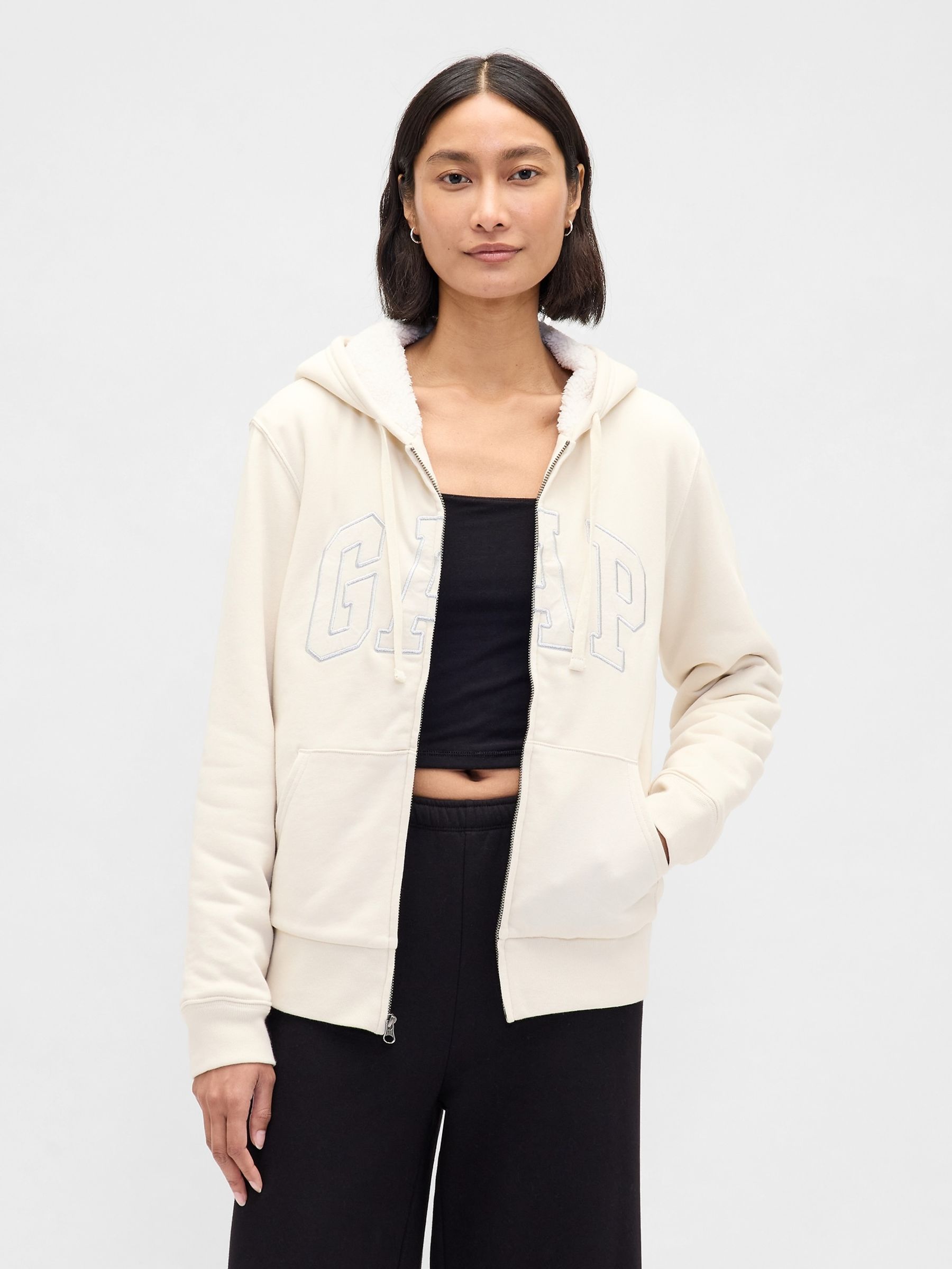 Cream Relaxed Logo Sherpa-Lined Zip Hoodie - Image 1 of 4