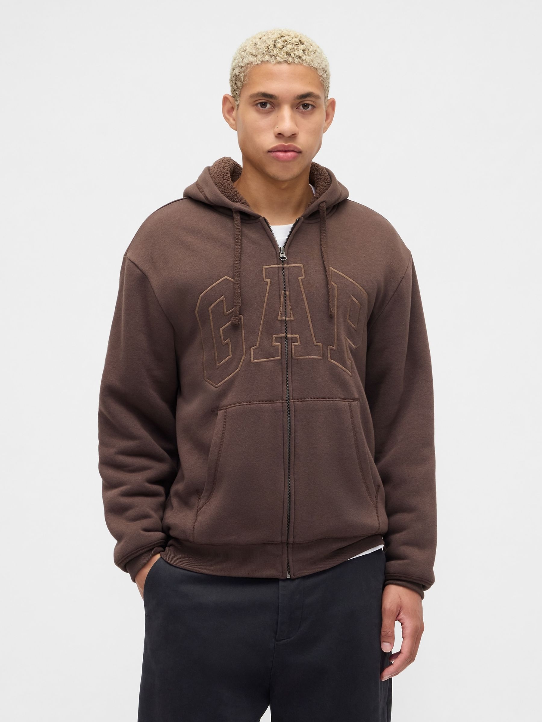 Brown Relaxed Logo Sherpa Lined Zip Hoodie - Image 1 of 4