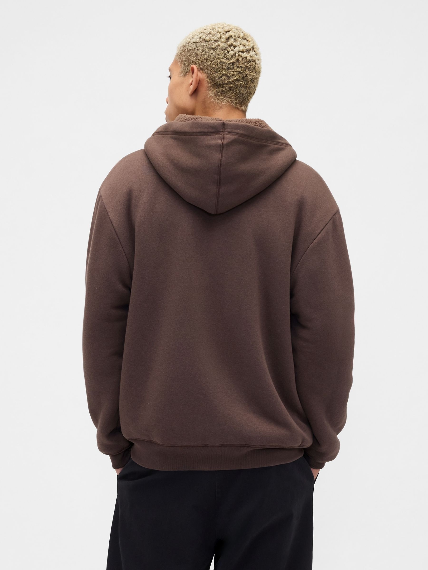 Brown Relaxed Logo Sherpa Lined Zip Hoodie - Image 2 of 4