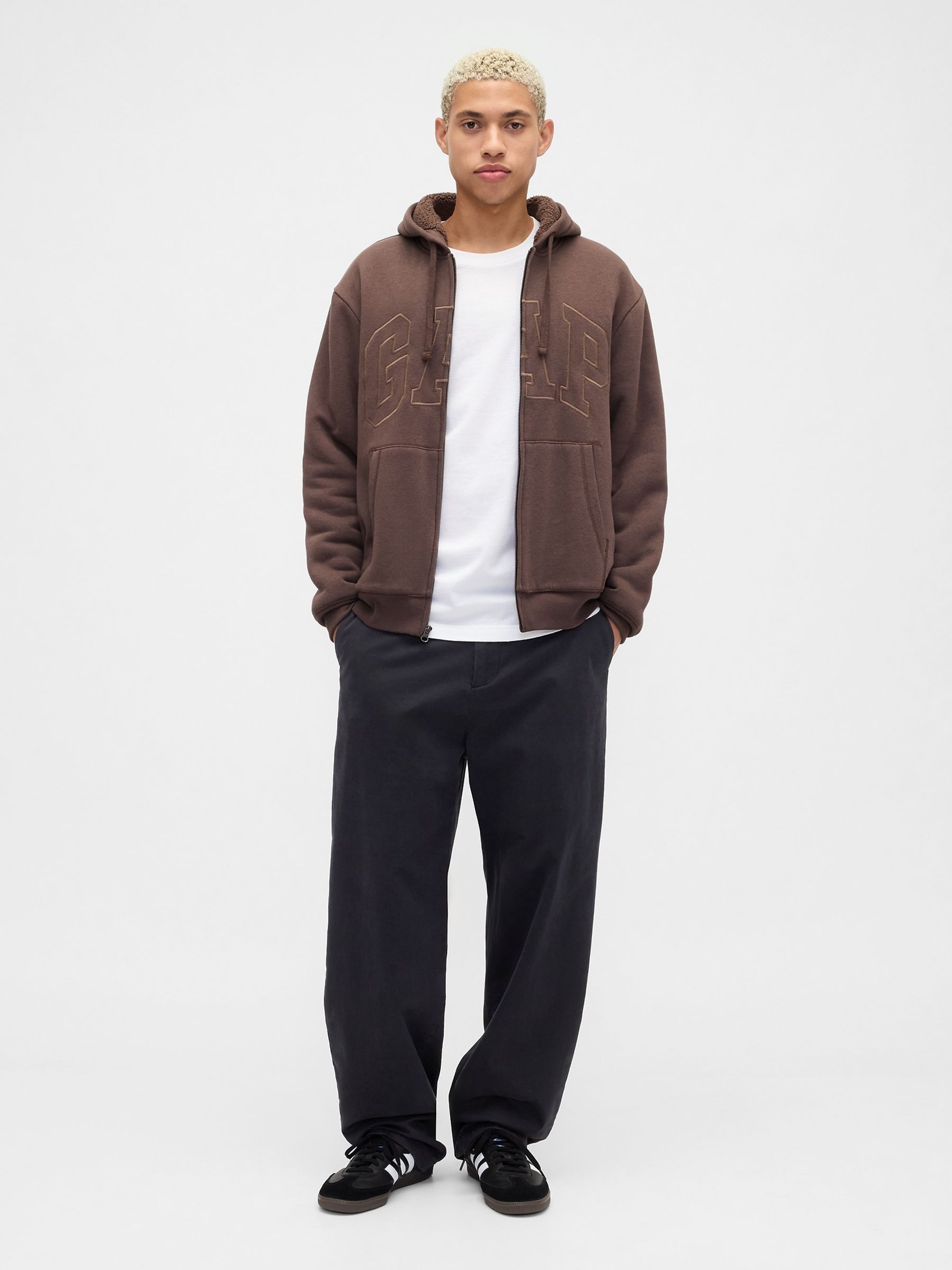 Brown Relaxed Logo Sherpa Lined Zip Hoodie - Image 3 of 4