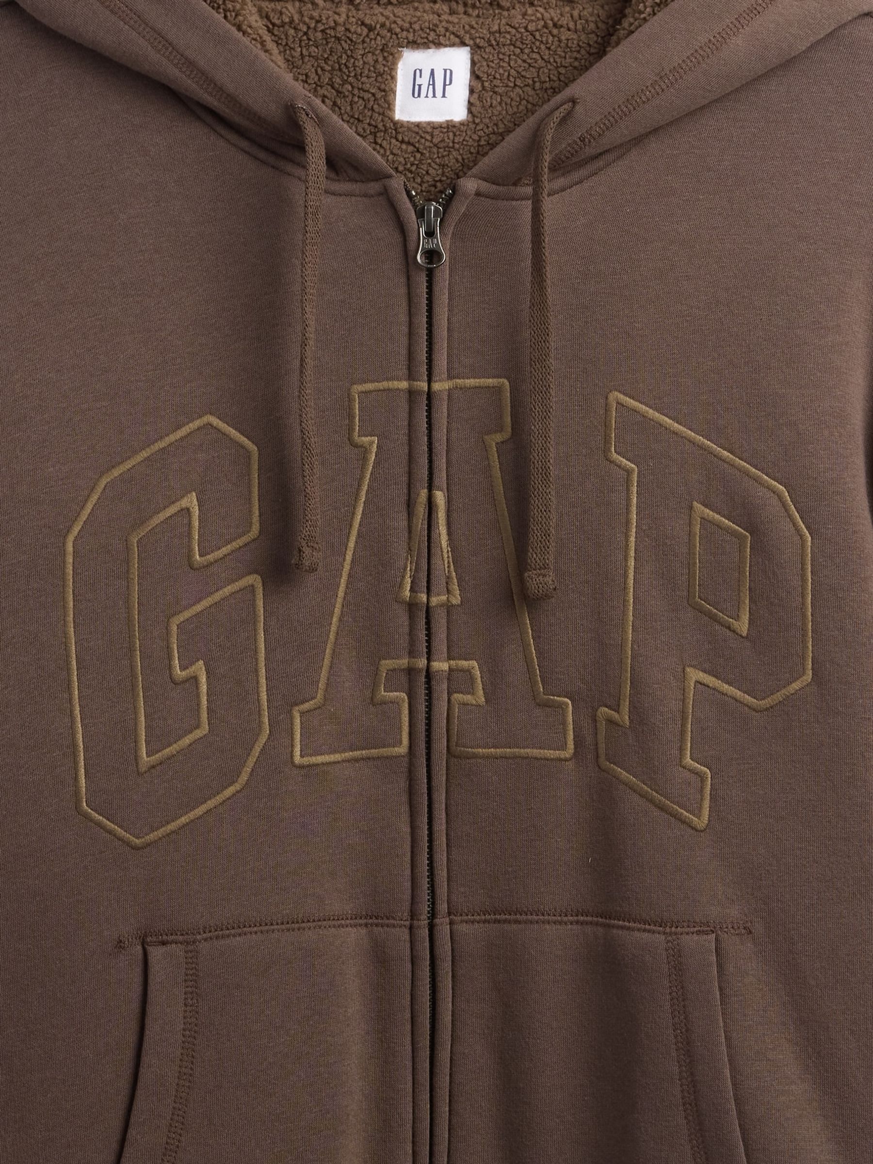 Brown Relaxed Logo Sherpa Lined Zip Hoodie - Image 4 of 4