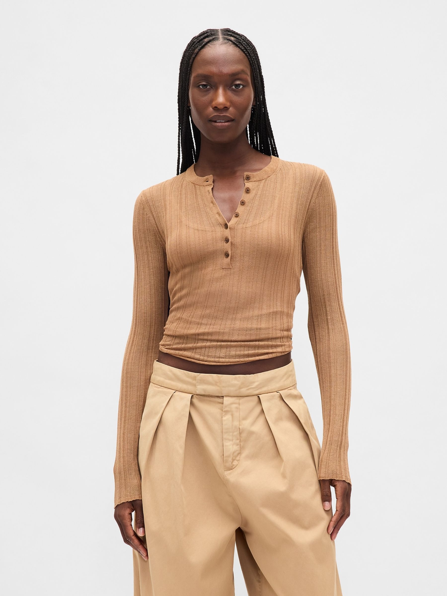 Beige Long Sleeve Sheer Rib Henley Top - Image 1 of 4 Beige Long Sleeve Sheer Rib Henley Top - Image 1 of 4