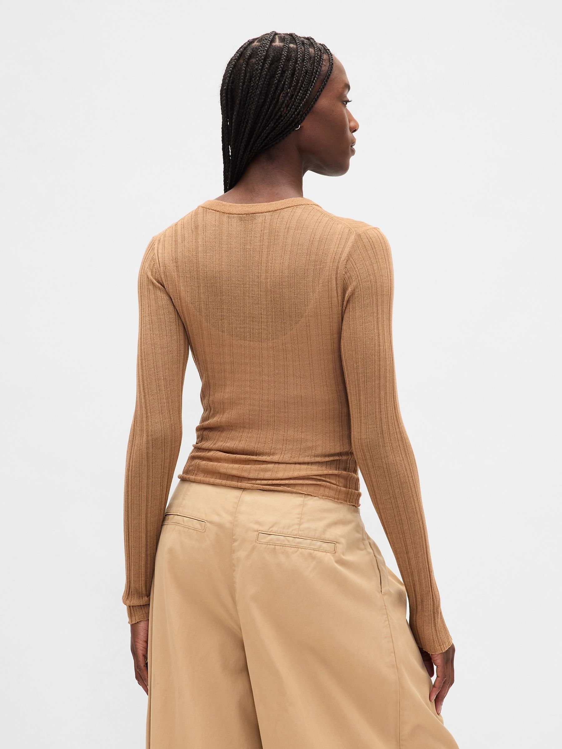 Beige Long Sleeve Sheer Rib Henley Top - Image 2 of 4 Beige Long Sleeve Sheer Rib Henley Top - Image 2 of 4