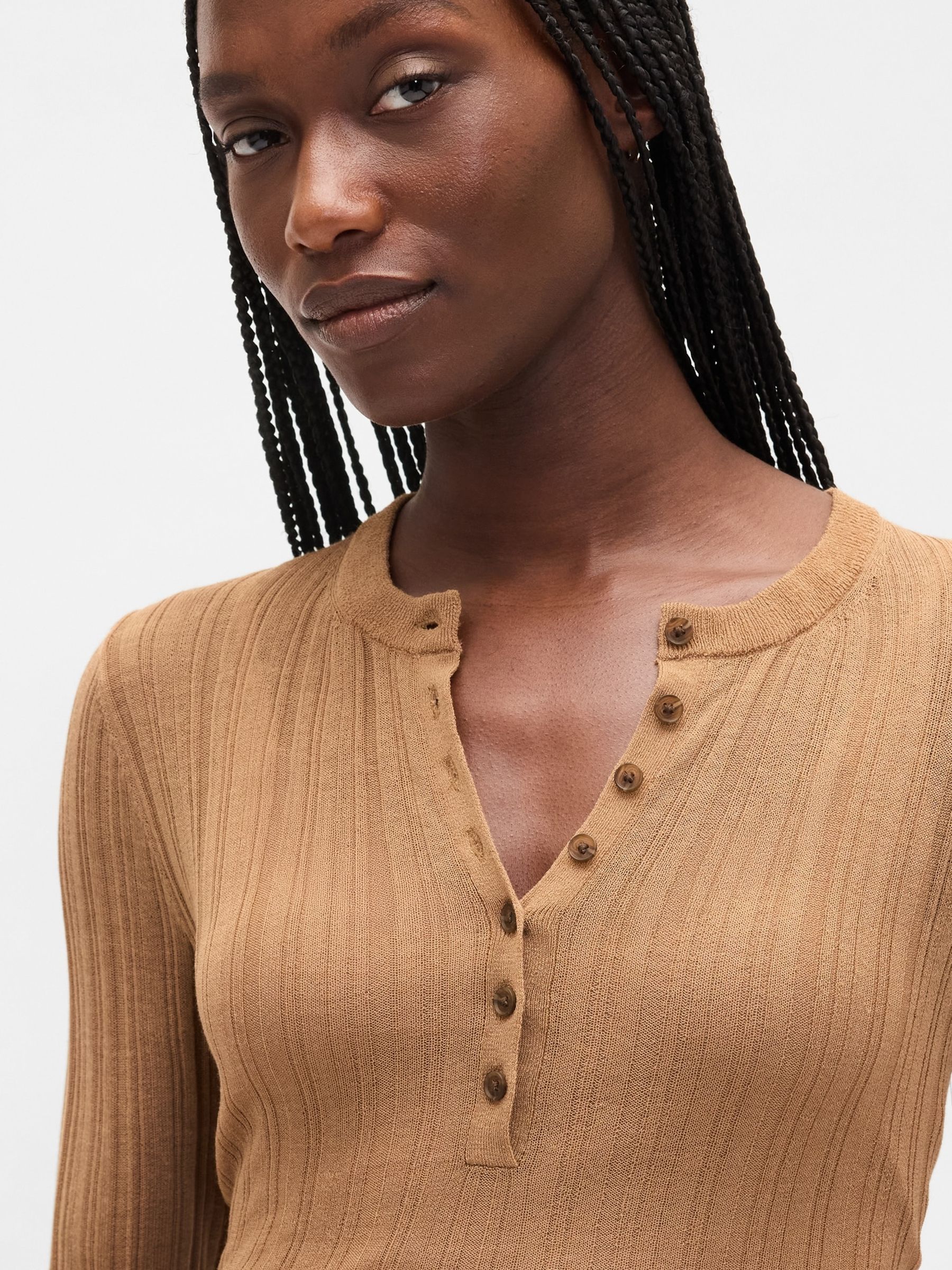 Beige Long Sleeve Sheer Rib Henley Top - Image 3 of 4