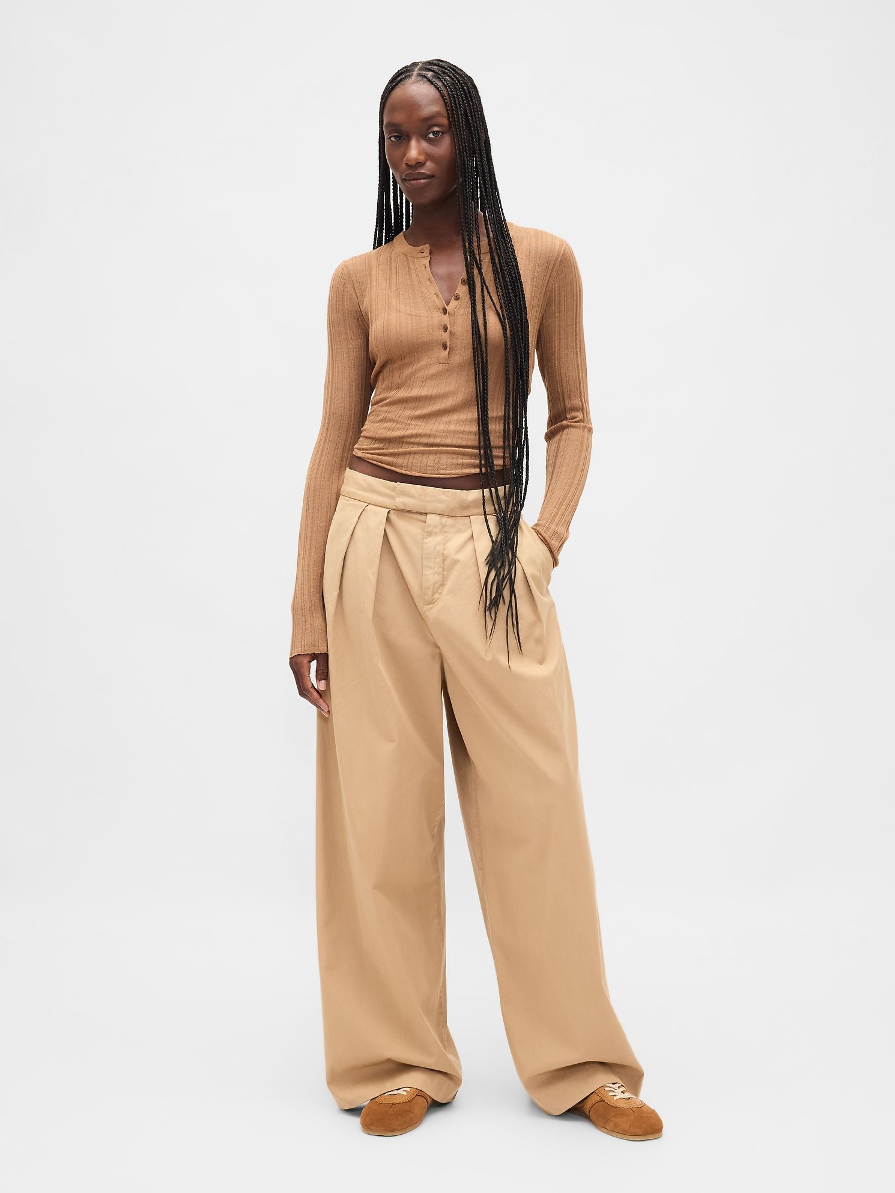 Beige Long Sleeve Sheer Rib Henley Top - Image 4 of 4