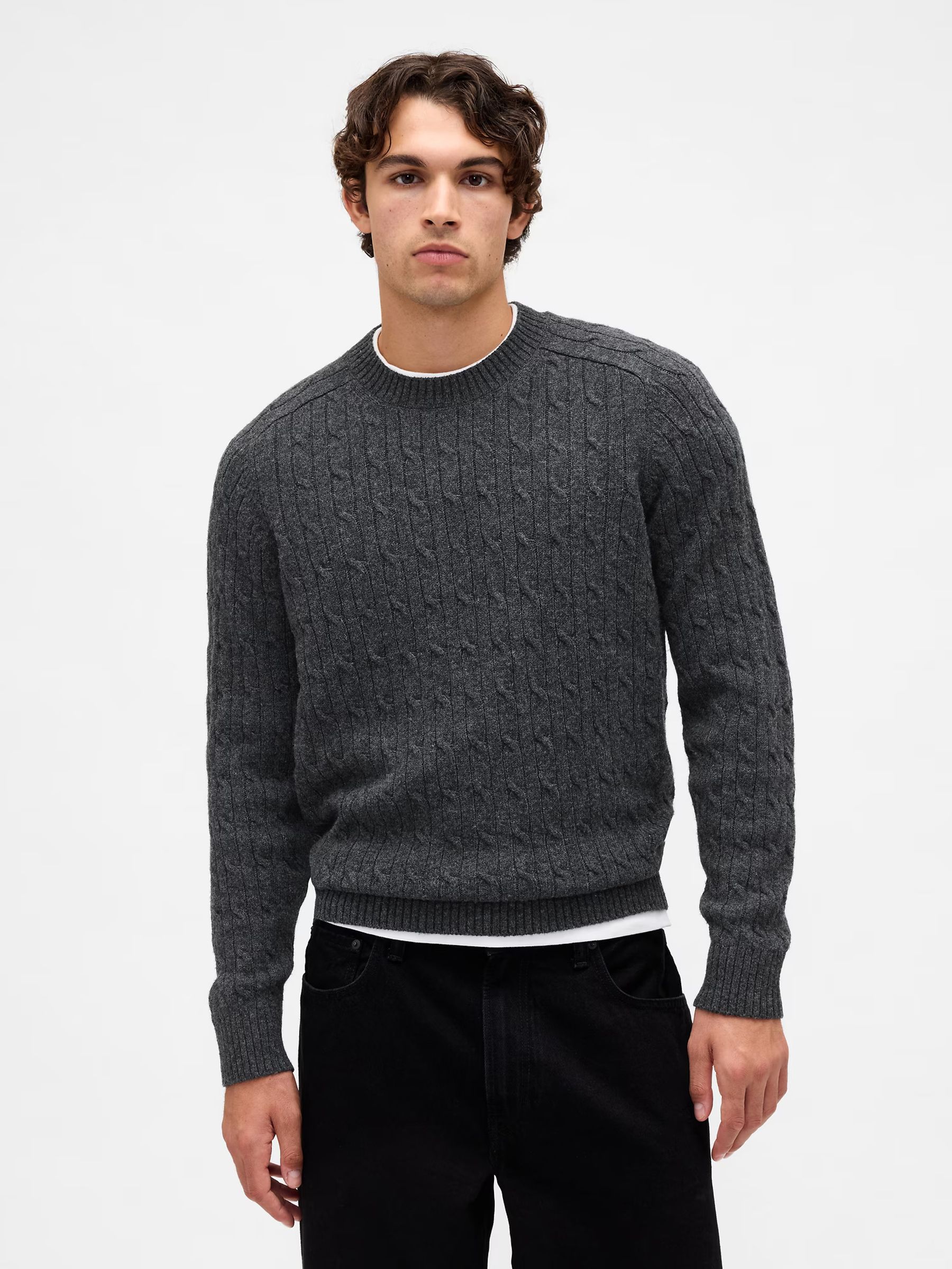 Grey Wool Cable Crew Jumper - Image 1 of 4