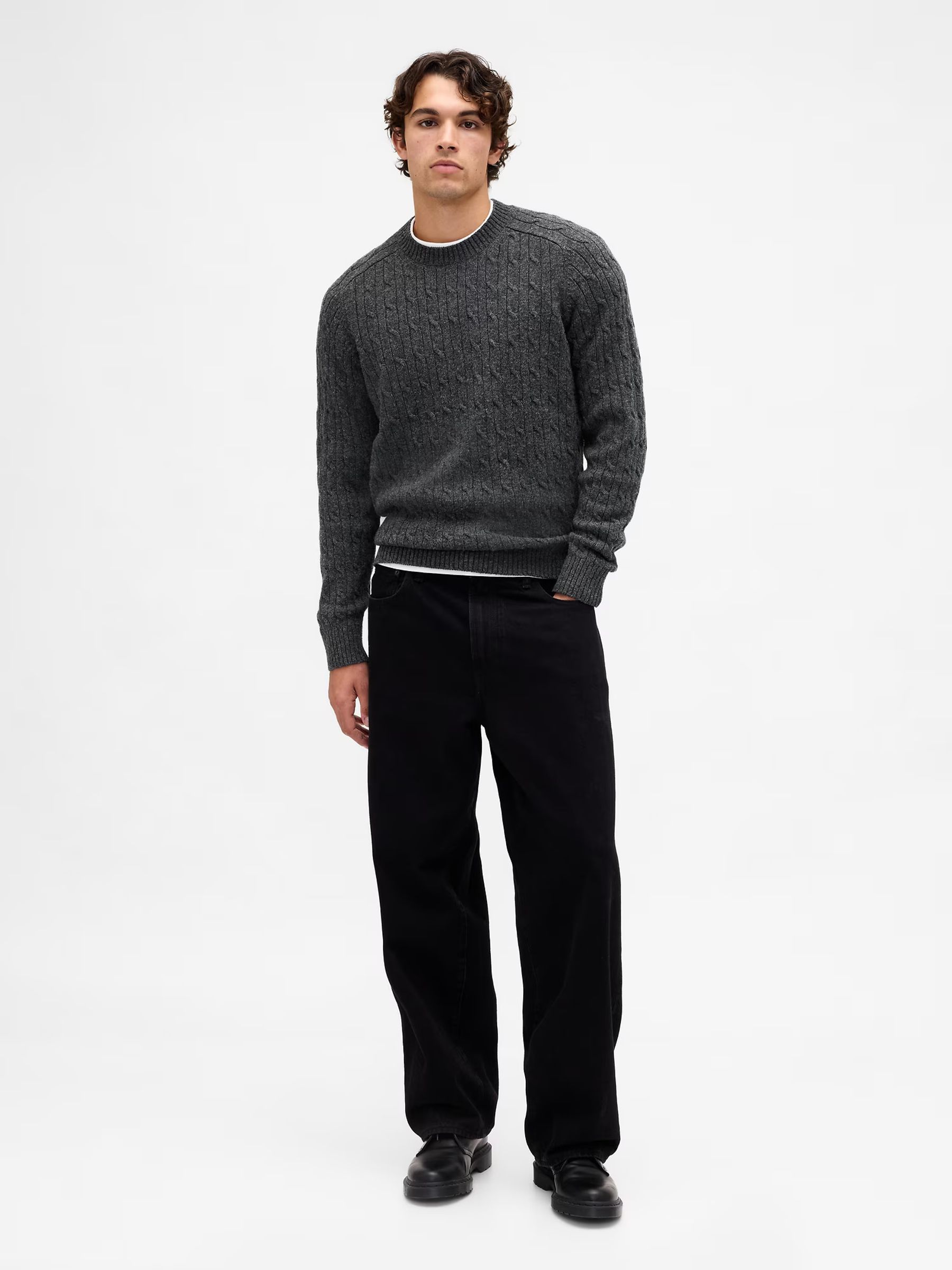 Grey Wool Cable Crew Jumper - Image 3 of 4