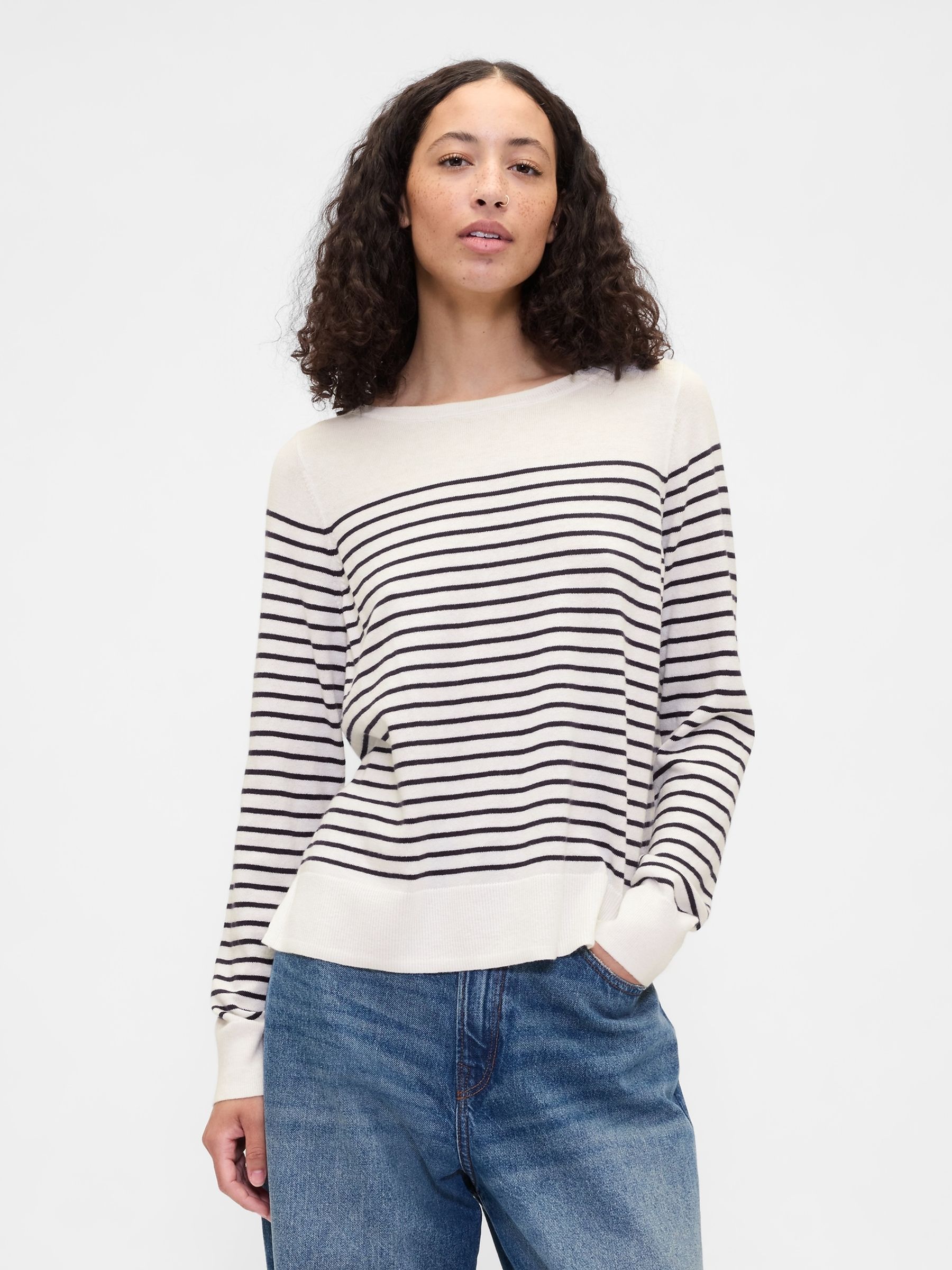 White & Blue Stirpe Bella Boat Neck Jumper - Image 1 of 4 White & Blue Stirpe Bella Boat Neck Jumper - Image 1 of 4