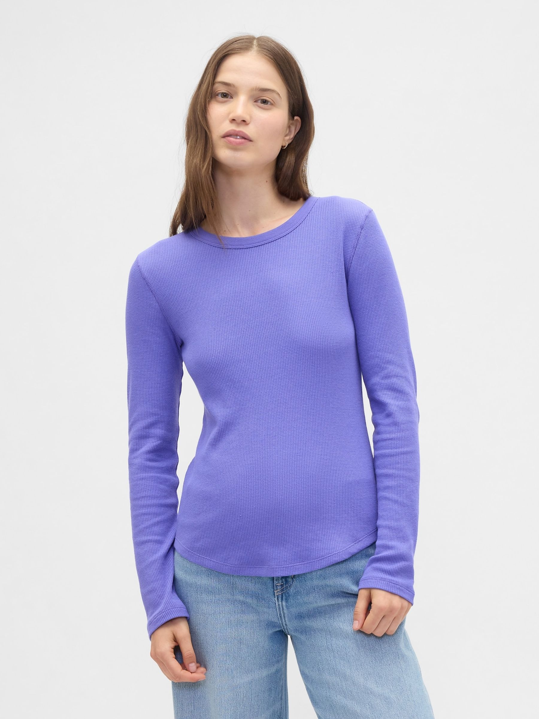 Purple Waffle Knit Long Sleeve T-Shirt - Image 1 of 5 Purple Waffle Knit Long Sleeve T-Shirt - Image 1 of 5