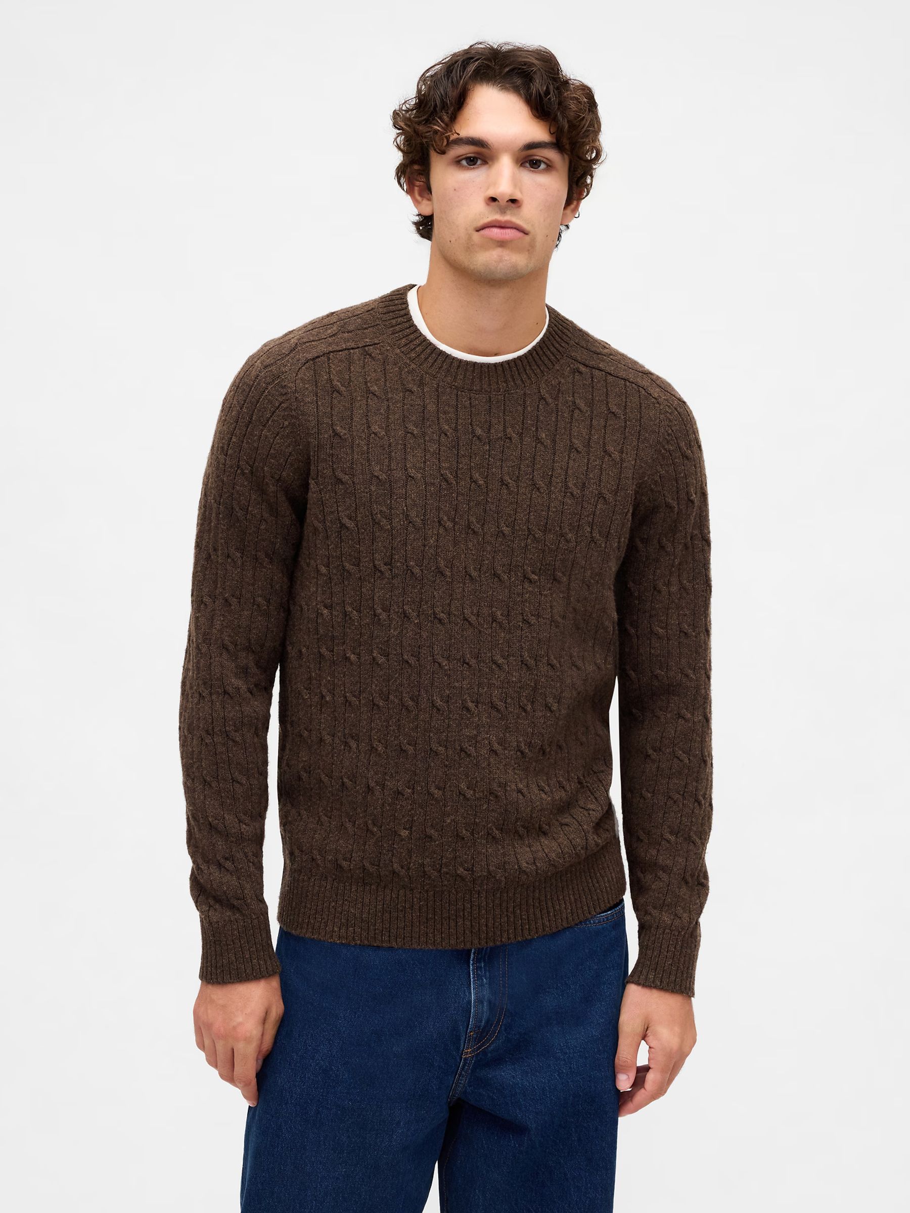 Brown Wool Cable Crew Jumper - Image 1 of 4