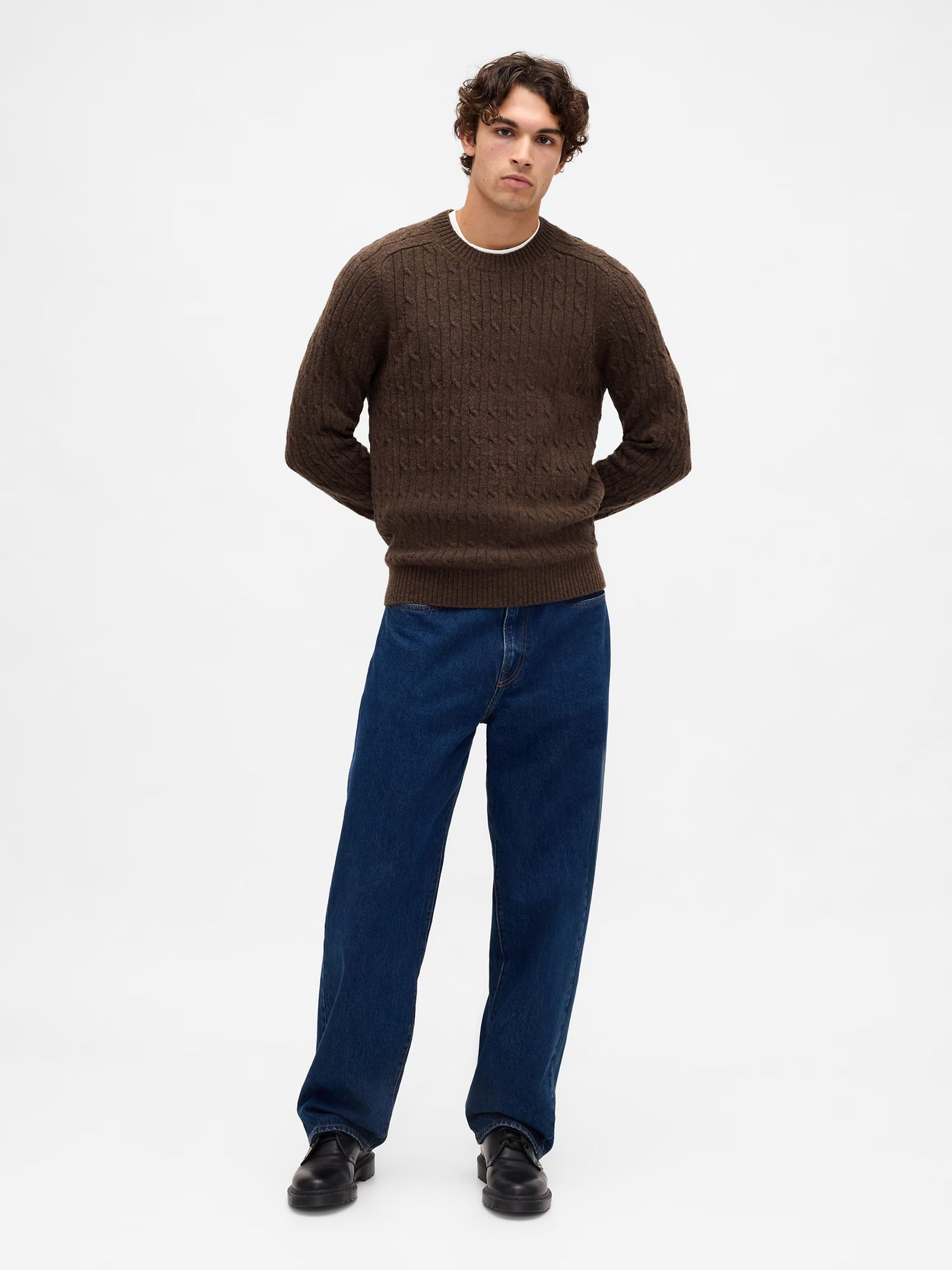 Brown Wool Cable Crew Jumper - Image 3 of 4