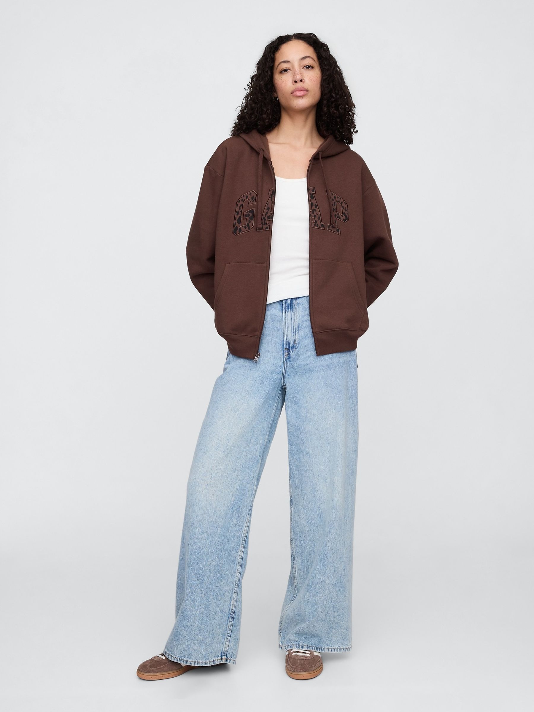Brown Leopard Print Relaxed Logo Zip Hoodie | Gap