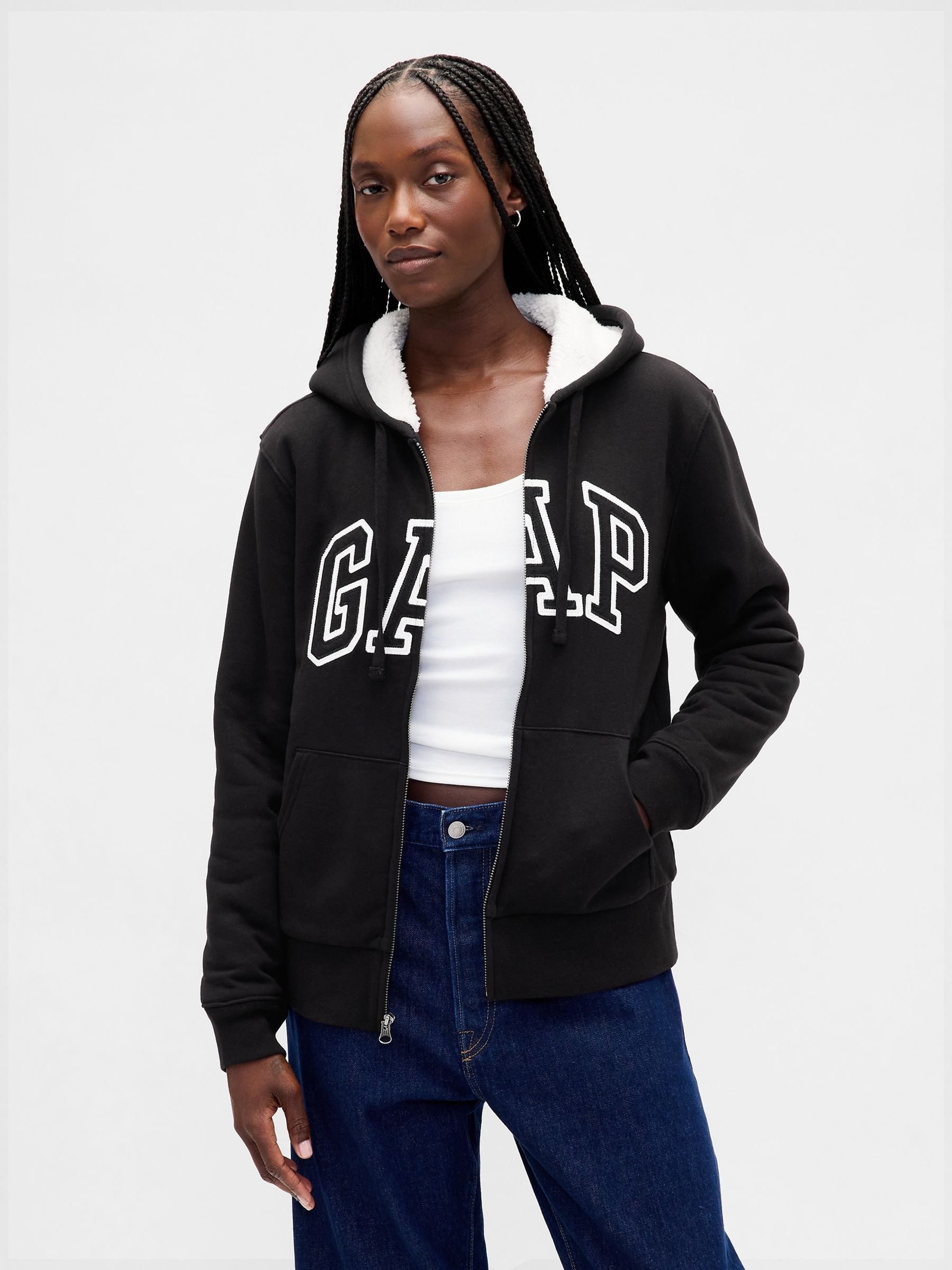 Black Relaxed Logo Sherpa-Lined Zip Hoodie | Gap