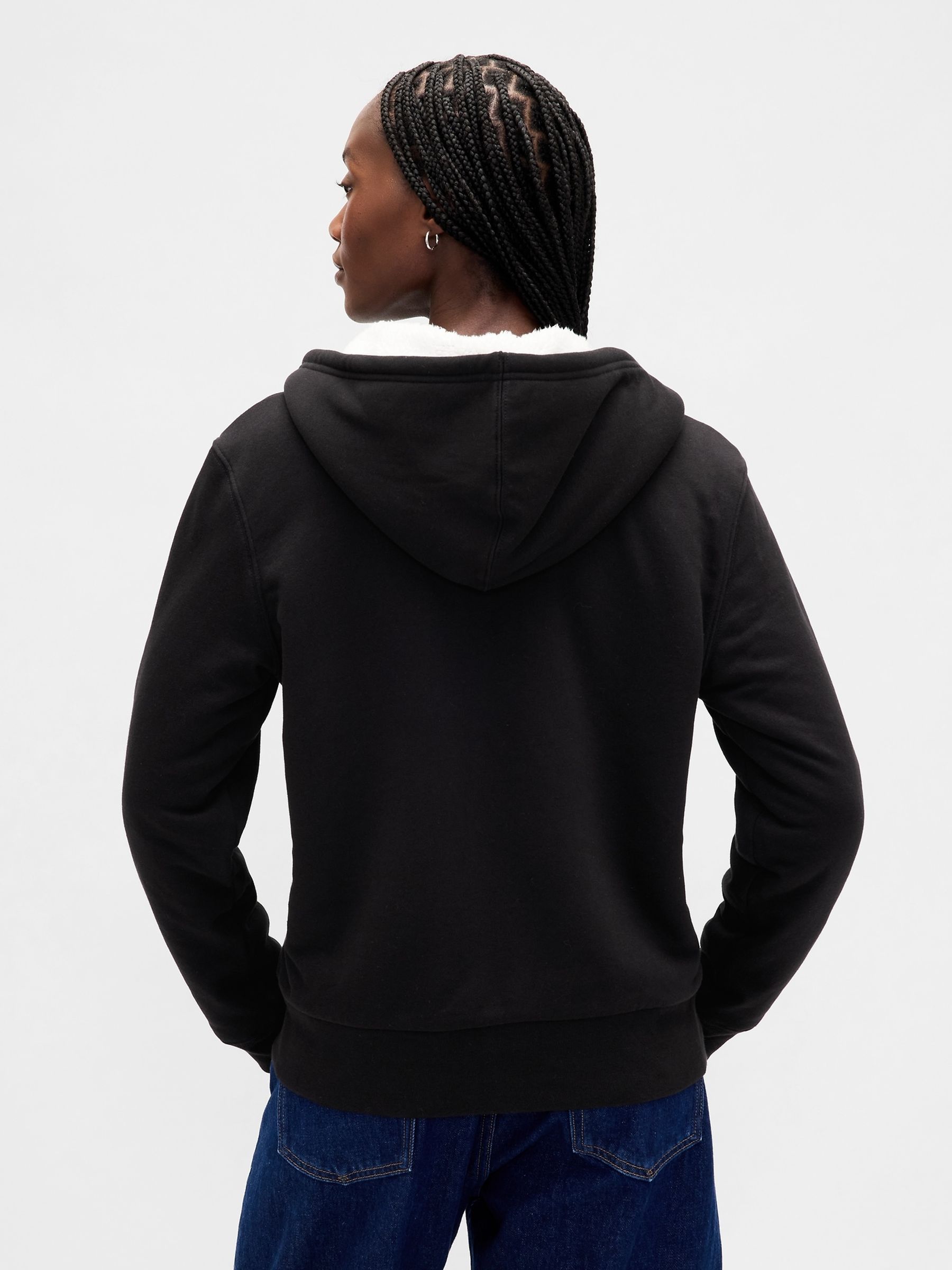 Black Relaxed Logo Sherpa-Lined Zip Hoodie - Image 2 of 5
