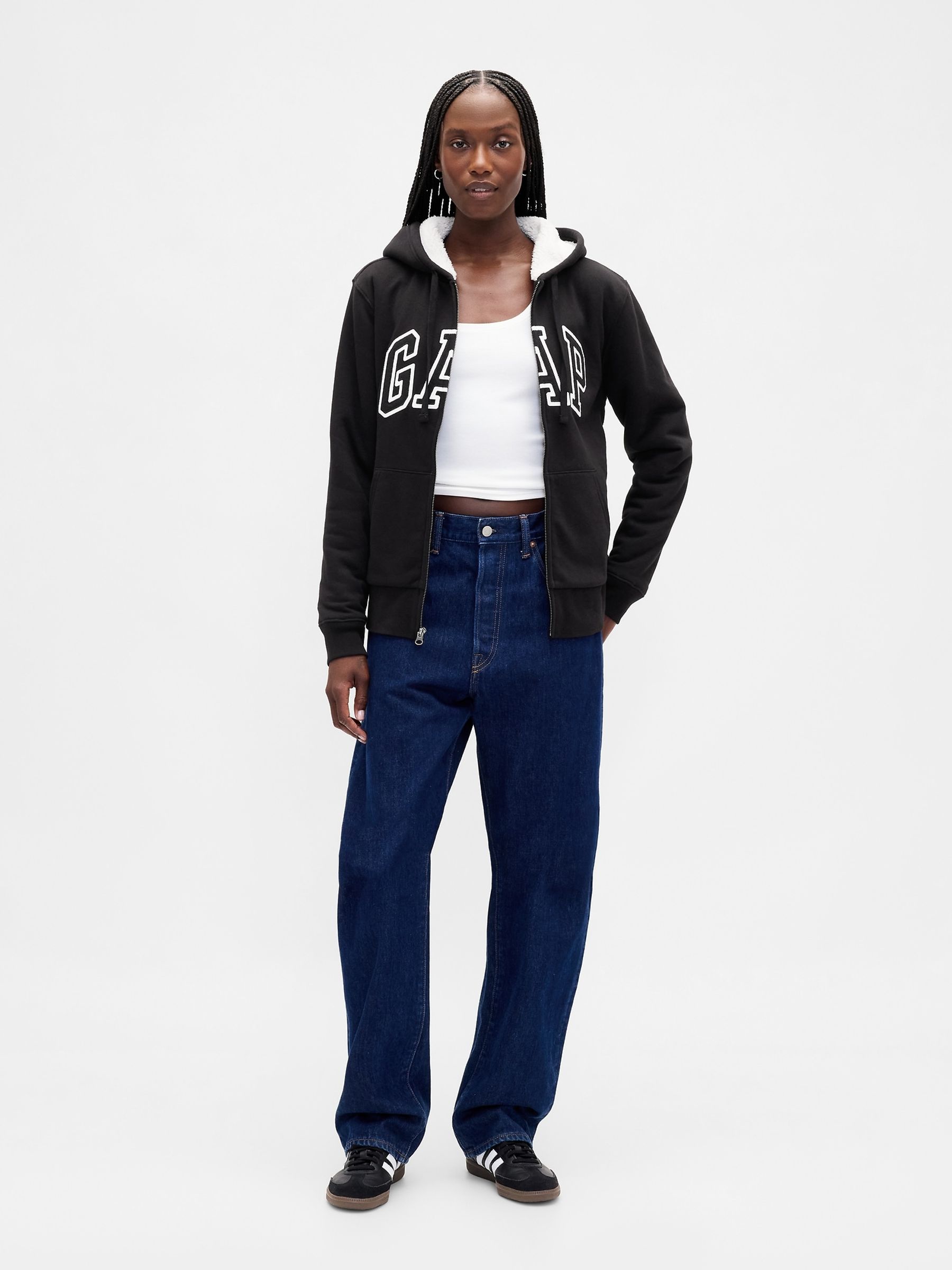 Black Relaxed Logo Sherpa-Lined Zip Hoodie | Gap