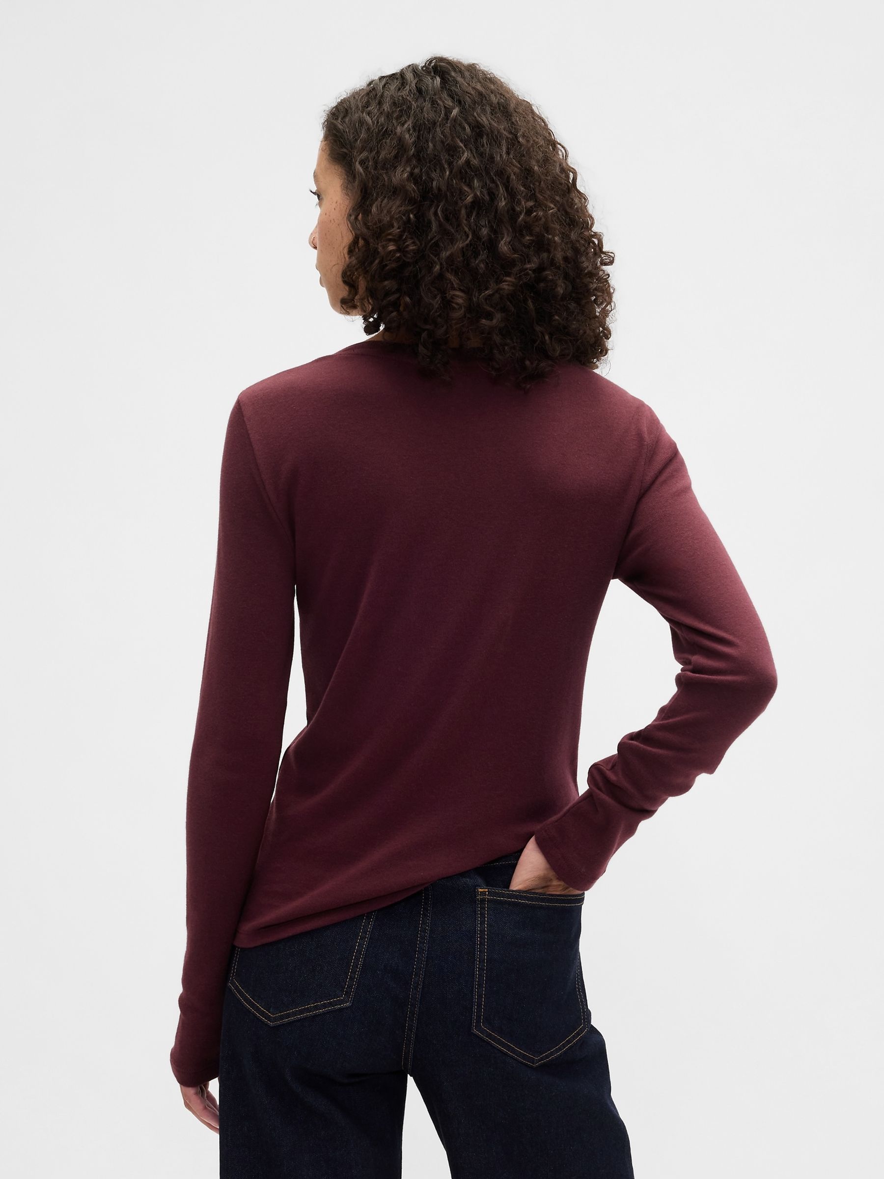 Red Modern Long Sleeve Crew Neck T-Shirt - Image 2 of 5