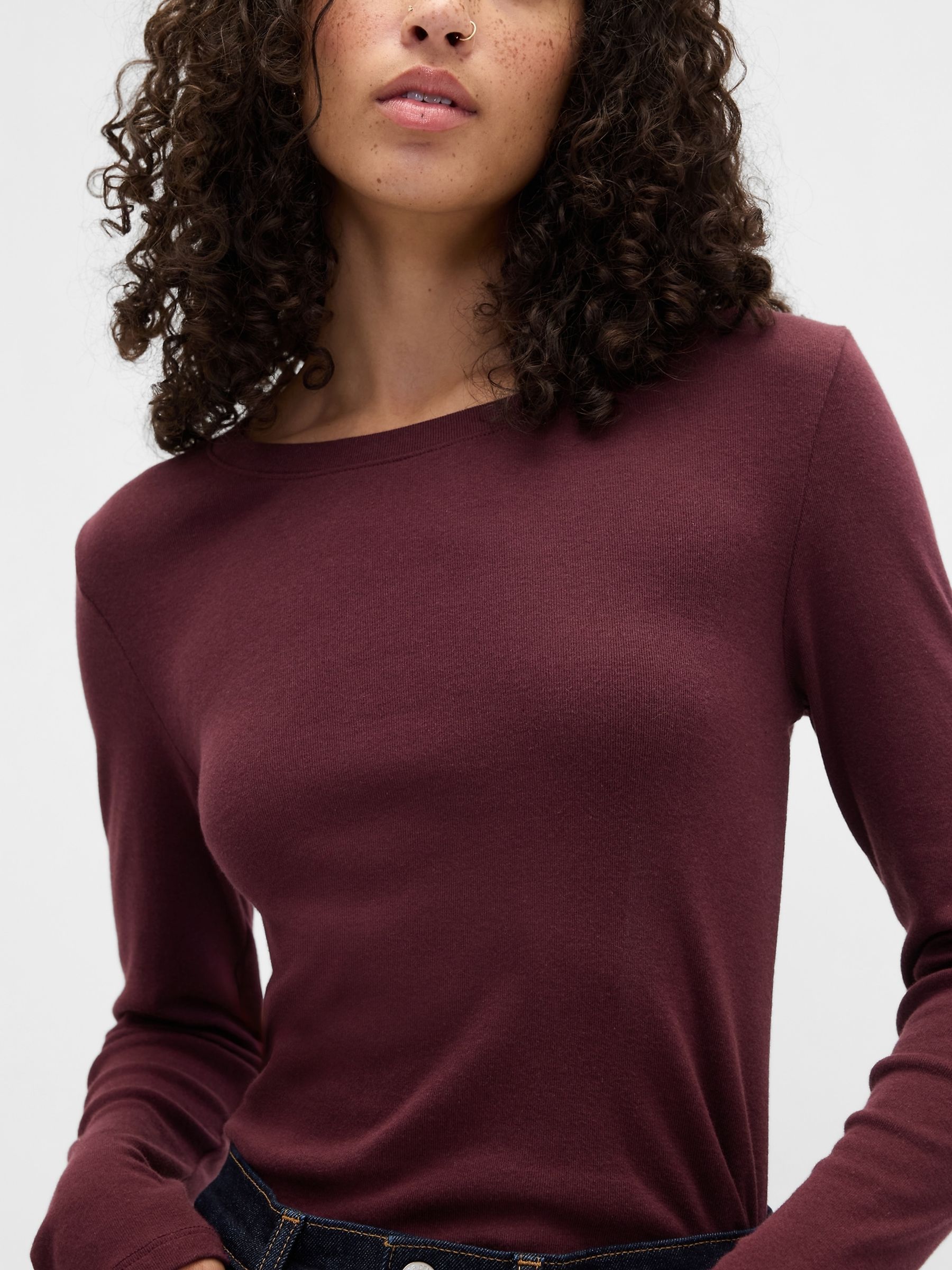Modern Burgundy Red Long Sleeve Cotton-Modal Crew Neck T-Shirt | Gap