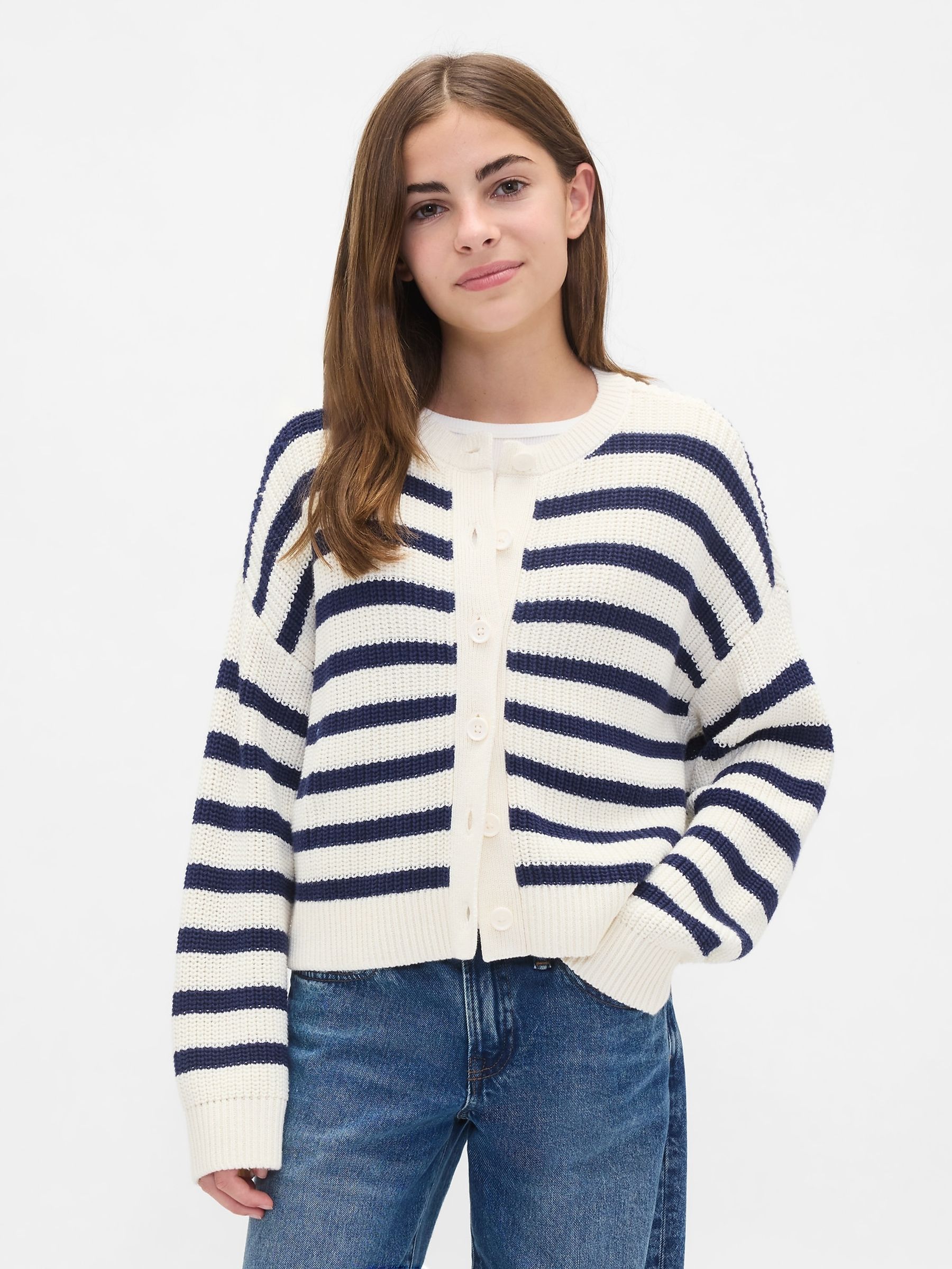 Navy Blue Stripe Oversized Cardigan (4-13yrs) - Image 1 of 5 Navy Blue Stripe Oversized Cardigan (4-13yrs) - Image 1 of 5