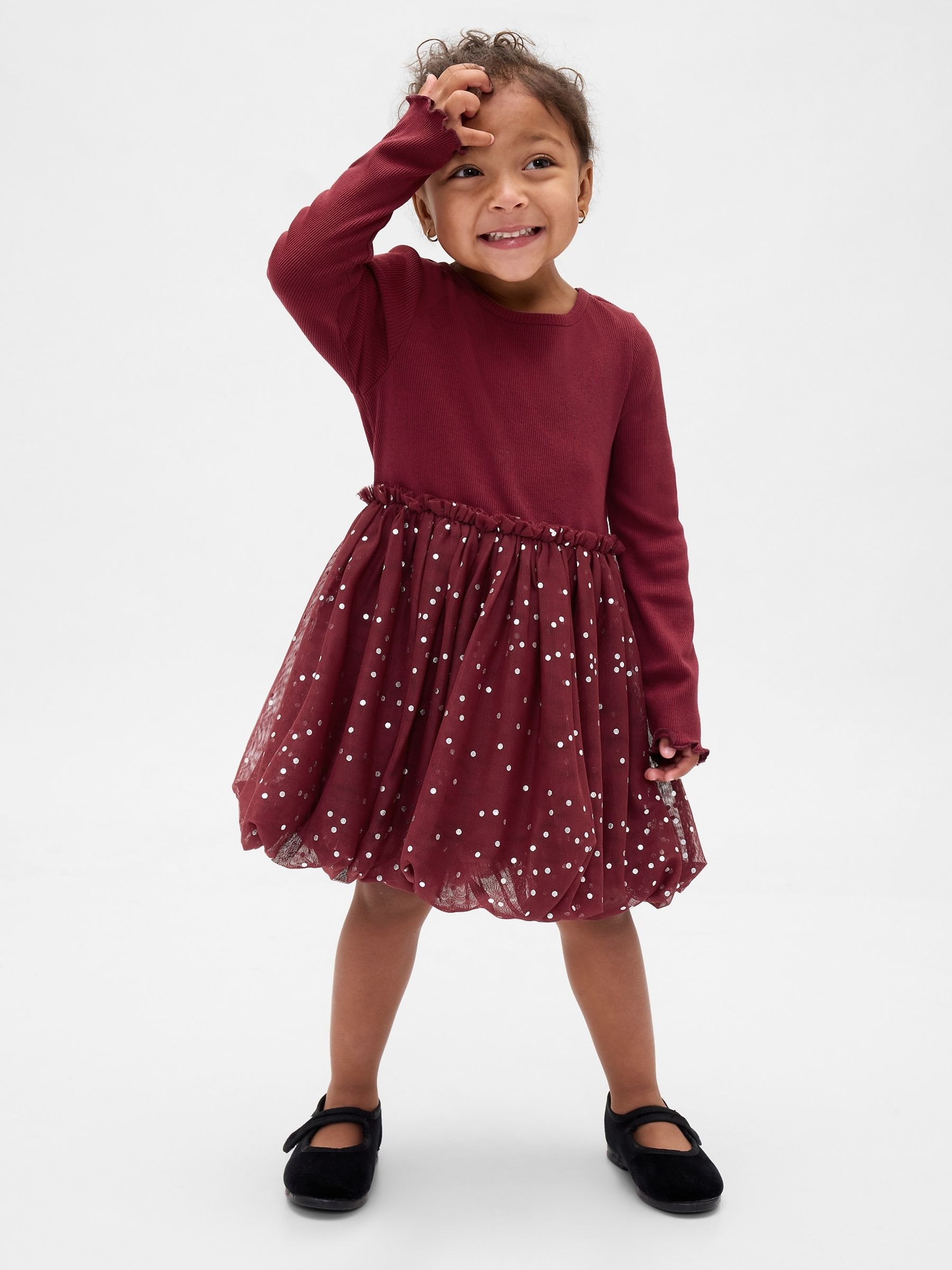 Burgundy Red Mixed Media Bubble Dress (6mths-5yrs) - Image 1 of 4