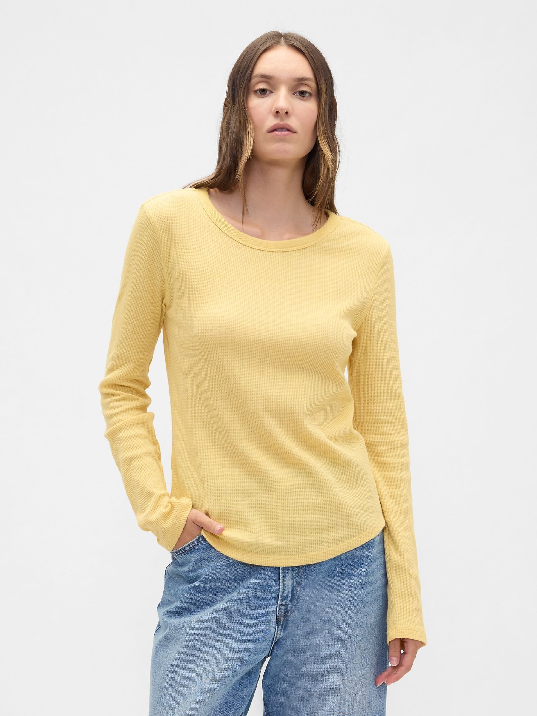 Yellow Waffle Knit Crew Neck T-Shirt - Image 1 of 4 Yellow Waffle Knit Crew Neck T-Shirt - Image 1 of 4