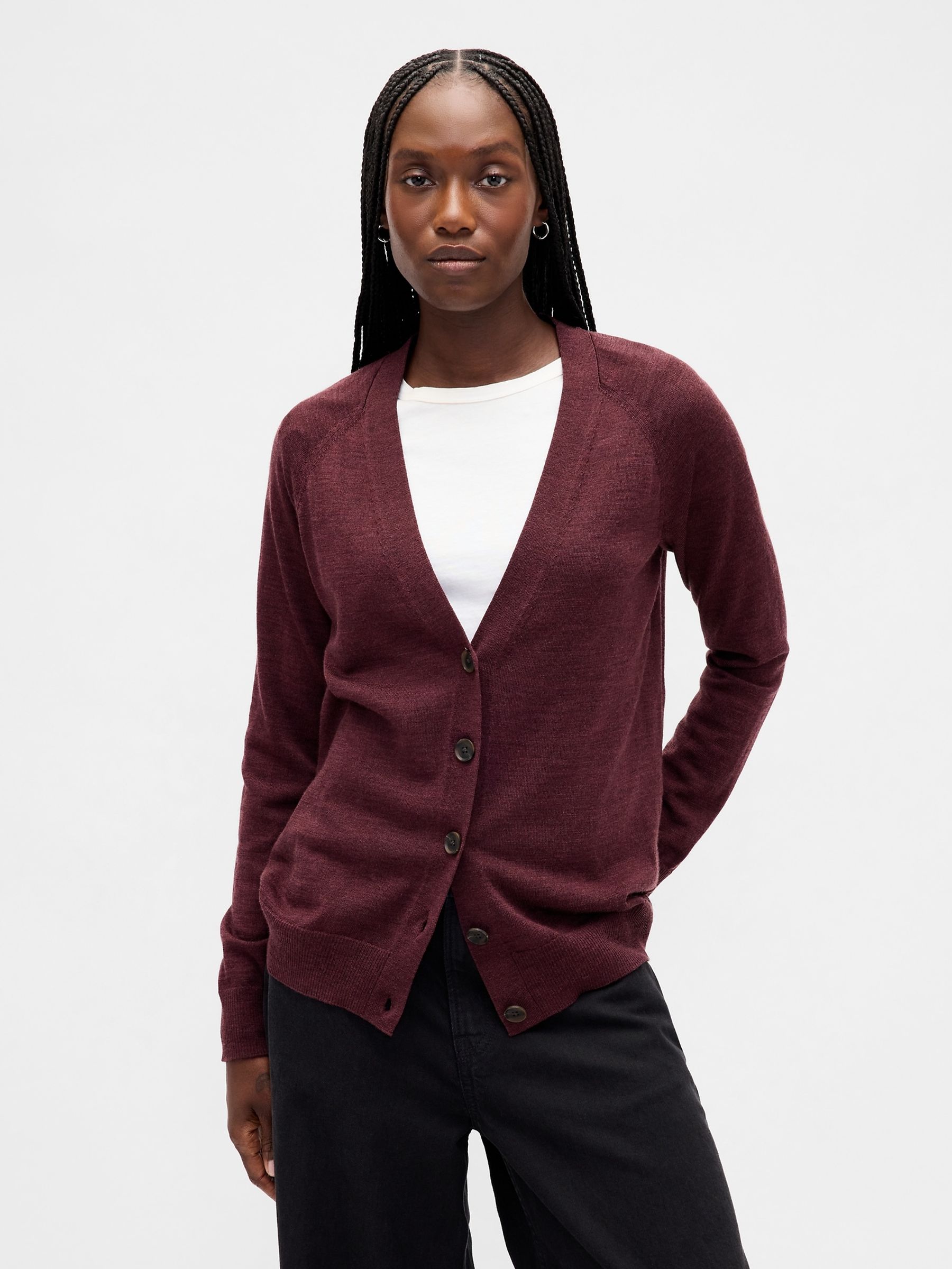 Burgundy Red Boyfriend Merino Cardigan - Image 1 of 4 Burgundy Red Boyfriend Merino Cardigan - Image 1 of 4