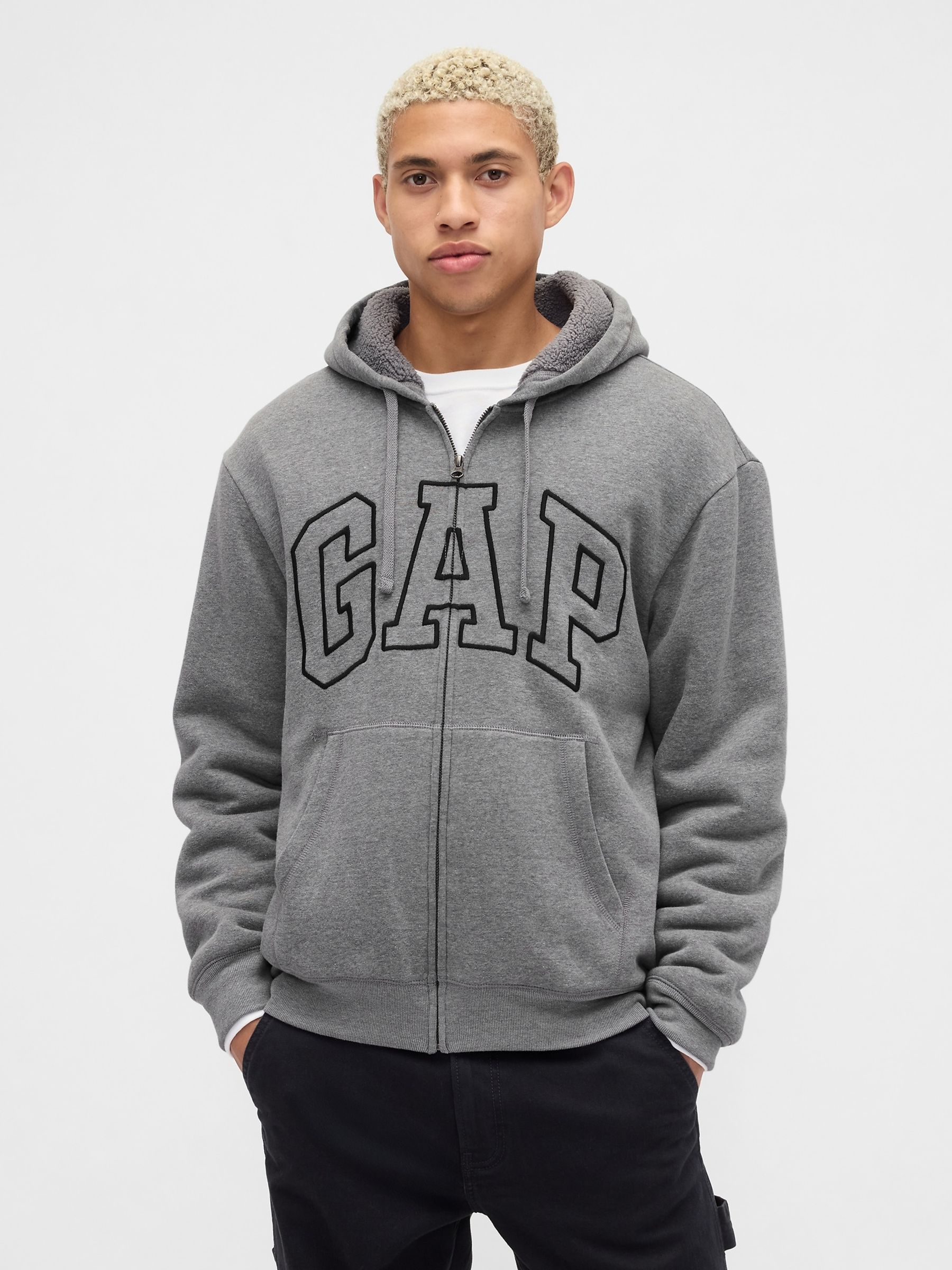 Grey Relaxed Logo Sherpa-Lined Zip Hoodie - Image 1 of 4