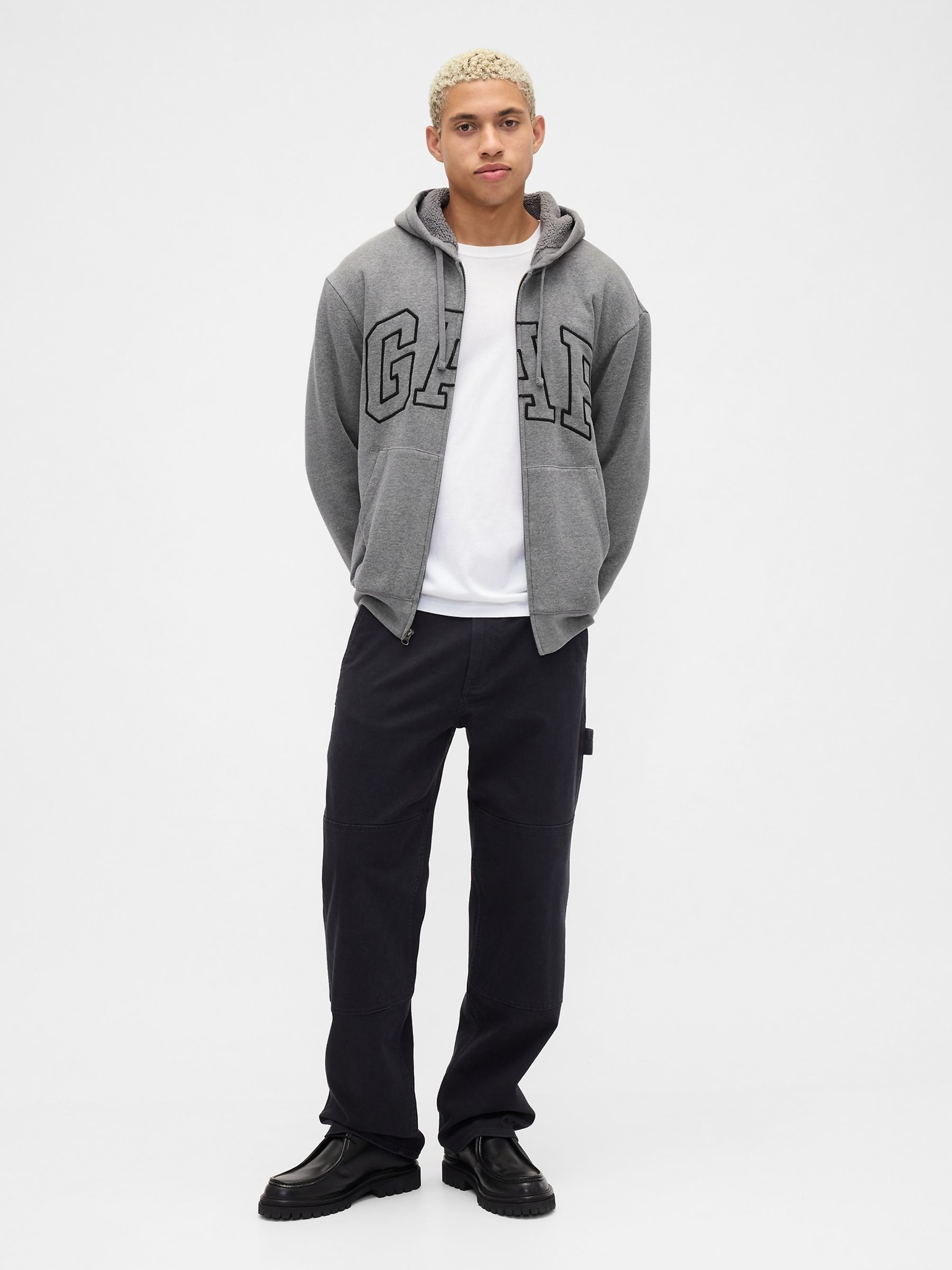 Grey Relaxed Logo Sherpa-Lined Zip Hoodie - Image 3 of 4