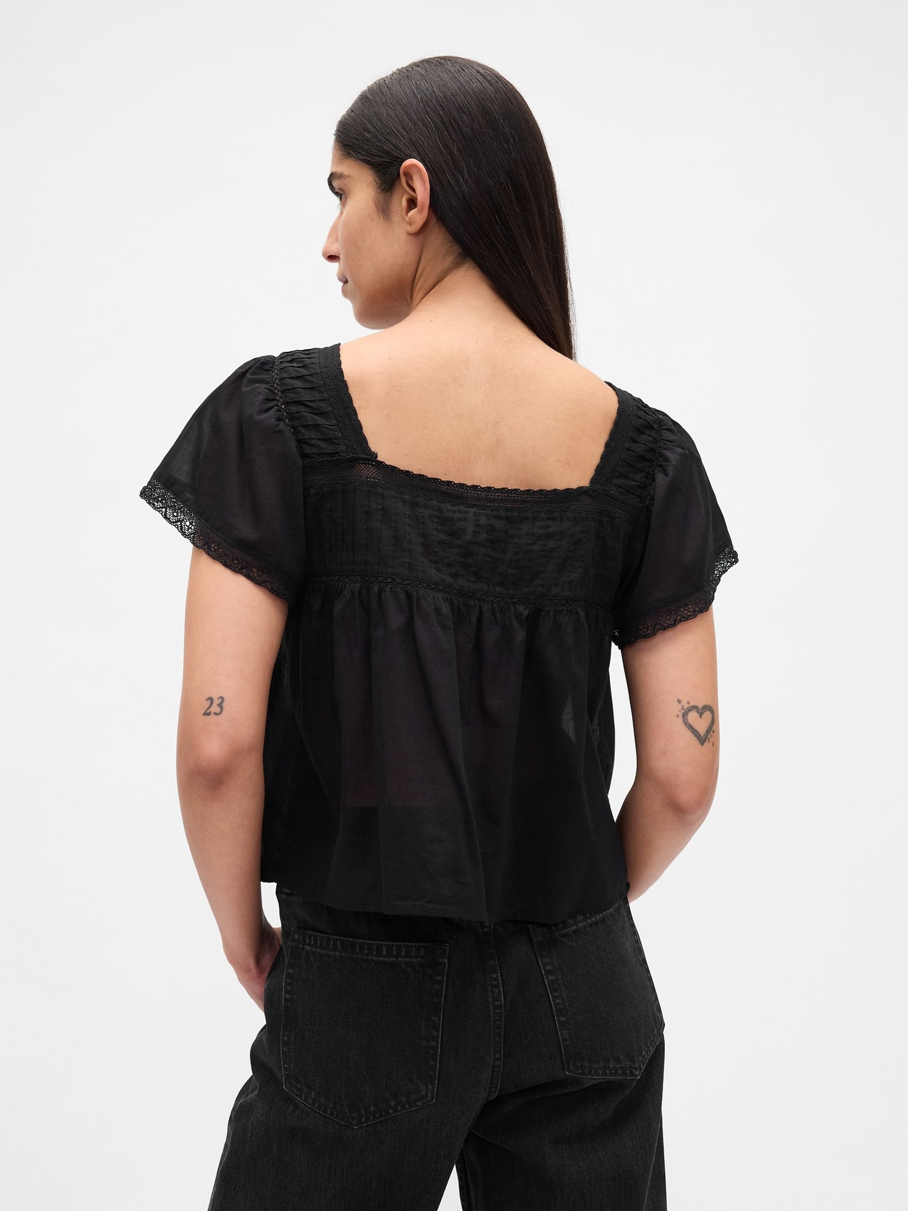 Black Lace-Trim Square-Neck Crop Top - Image 2 of 5 Black Lace-Trim Square-Neck Crop Top - Image 2 of 5