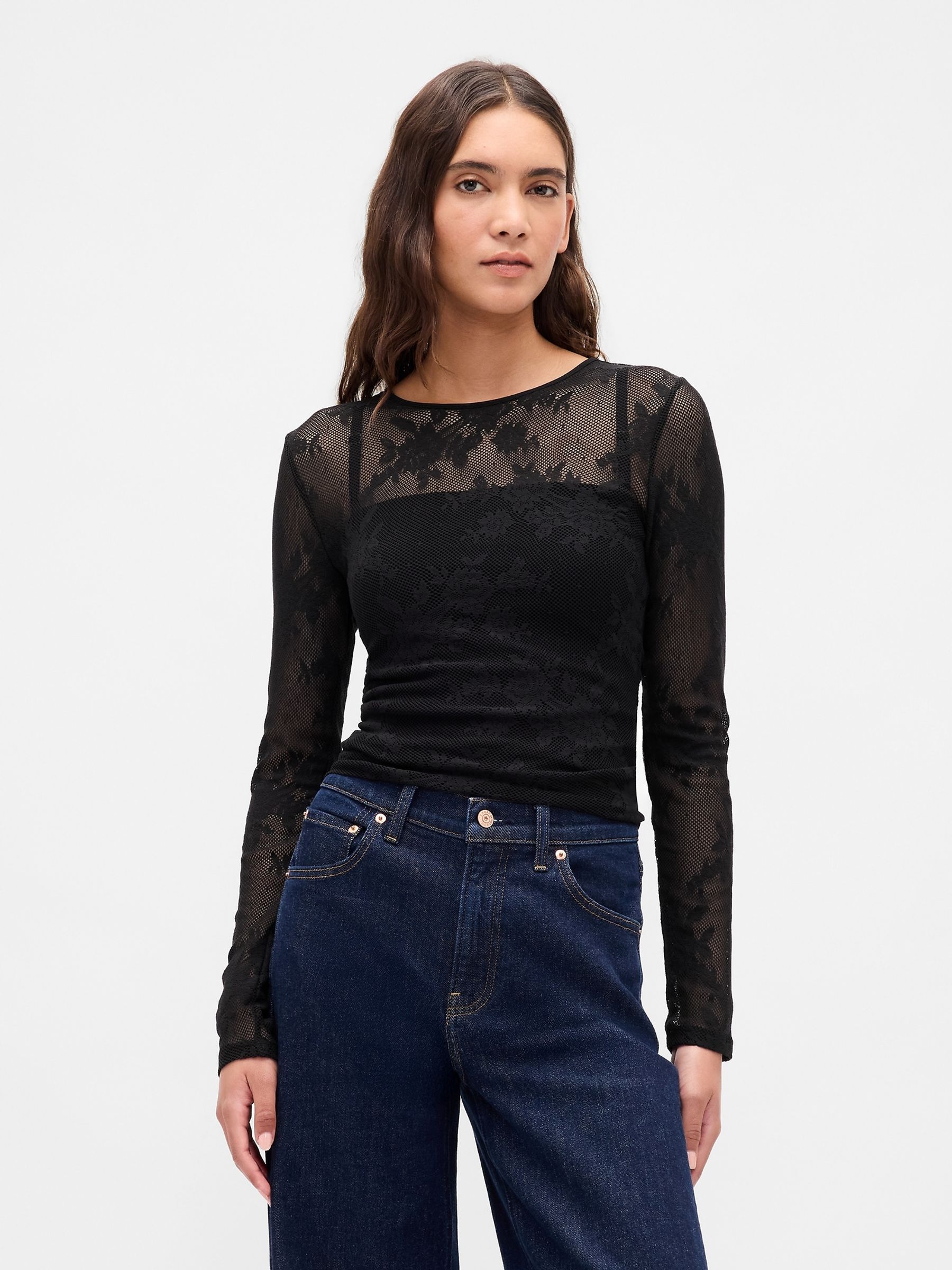 Black Sheer Lace Top - Image 1 of 4
