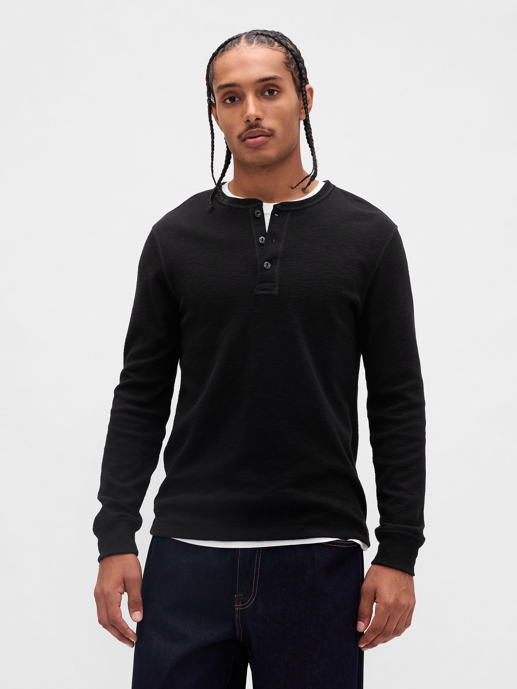 Black Double-Knit Henley T-Shirt - Image 1 of 4
