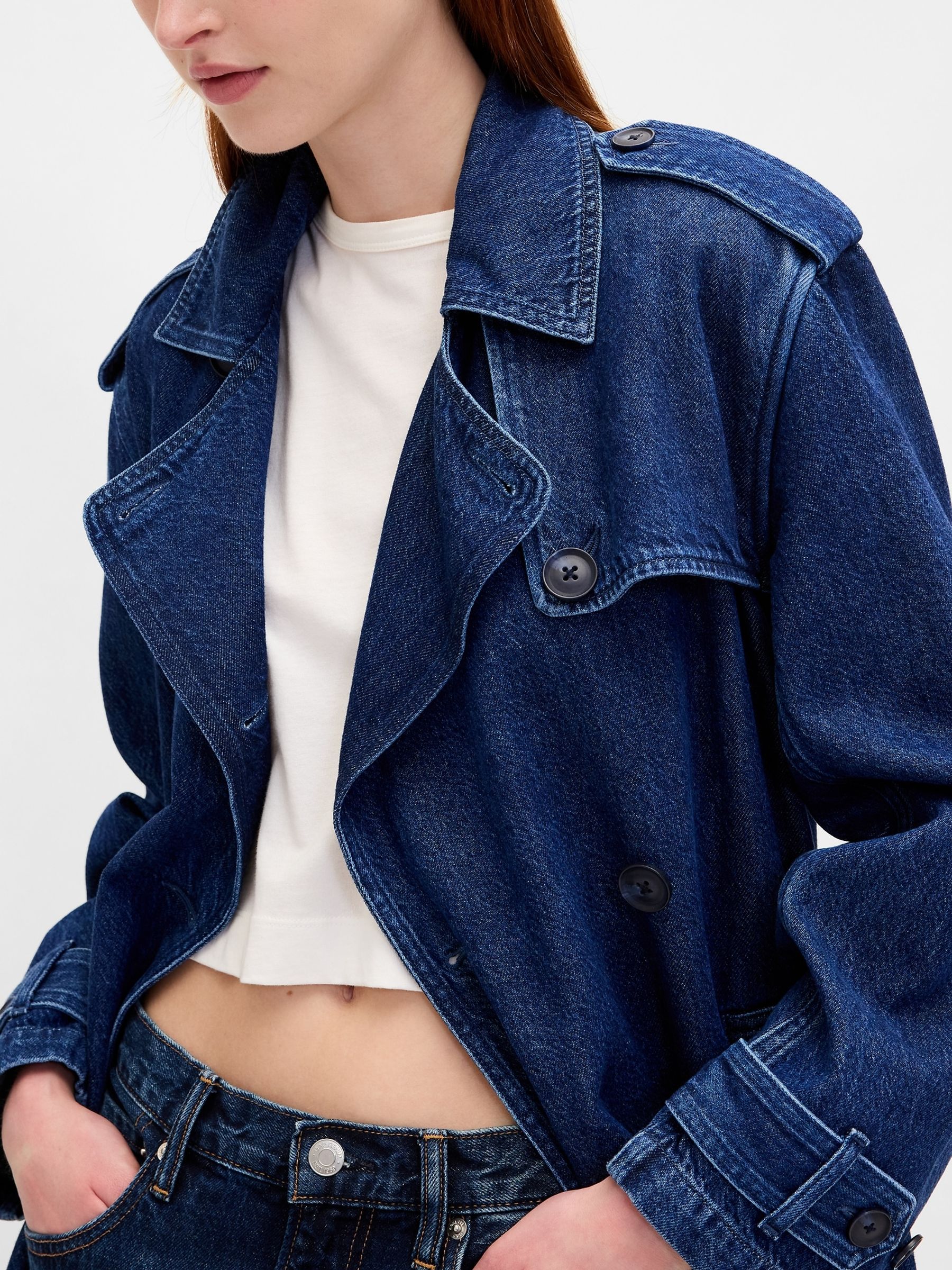 Dark Indigo Blue UltraSoft Denim Trench Coat - Image 4 of 4