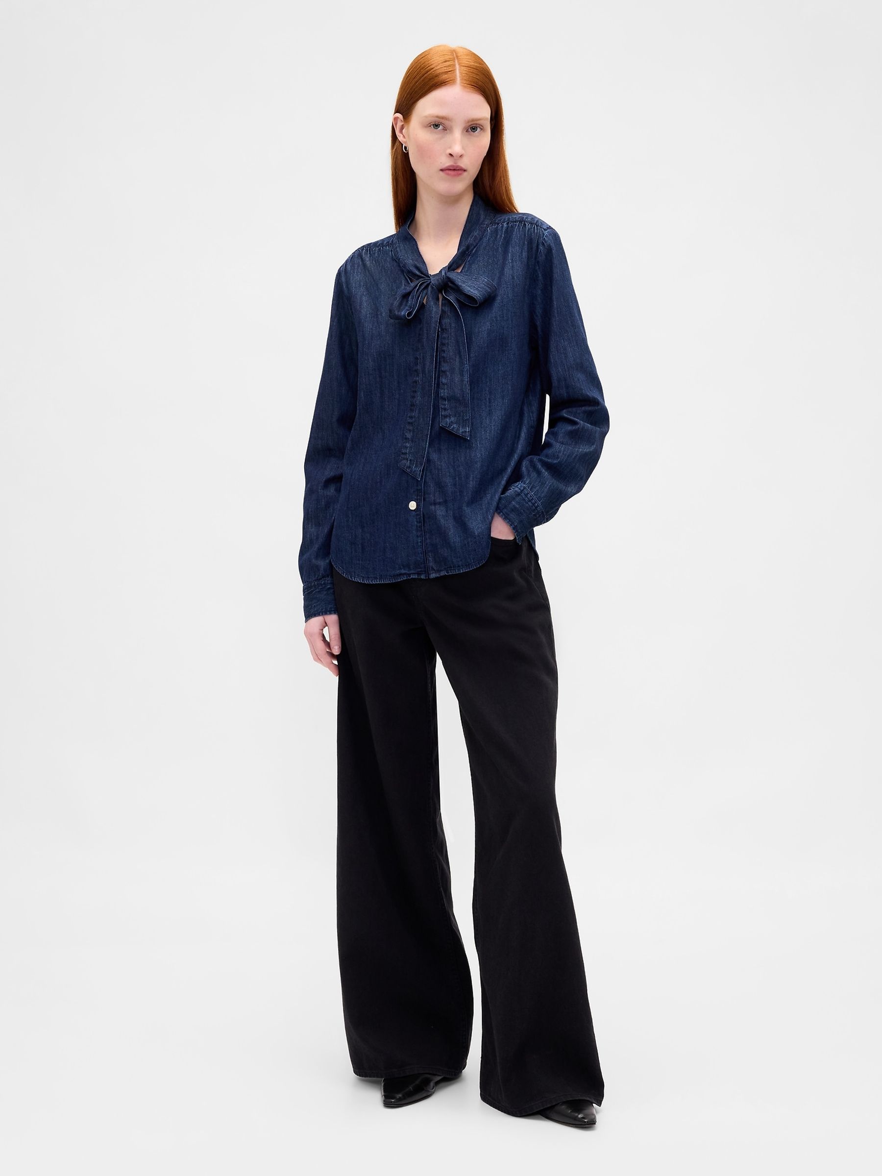 Blue Denim Tie-Neck Shirt - Image 3 of 4