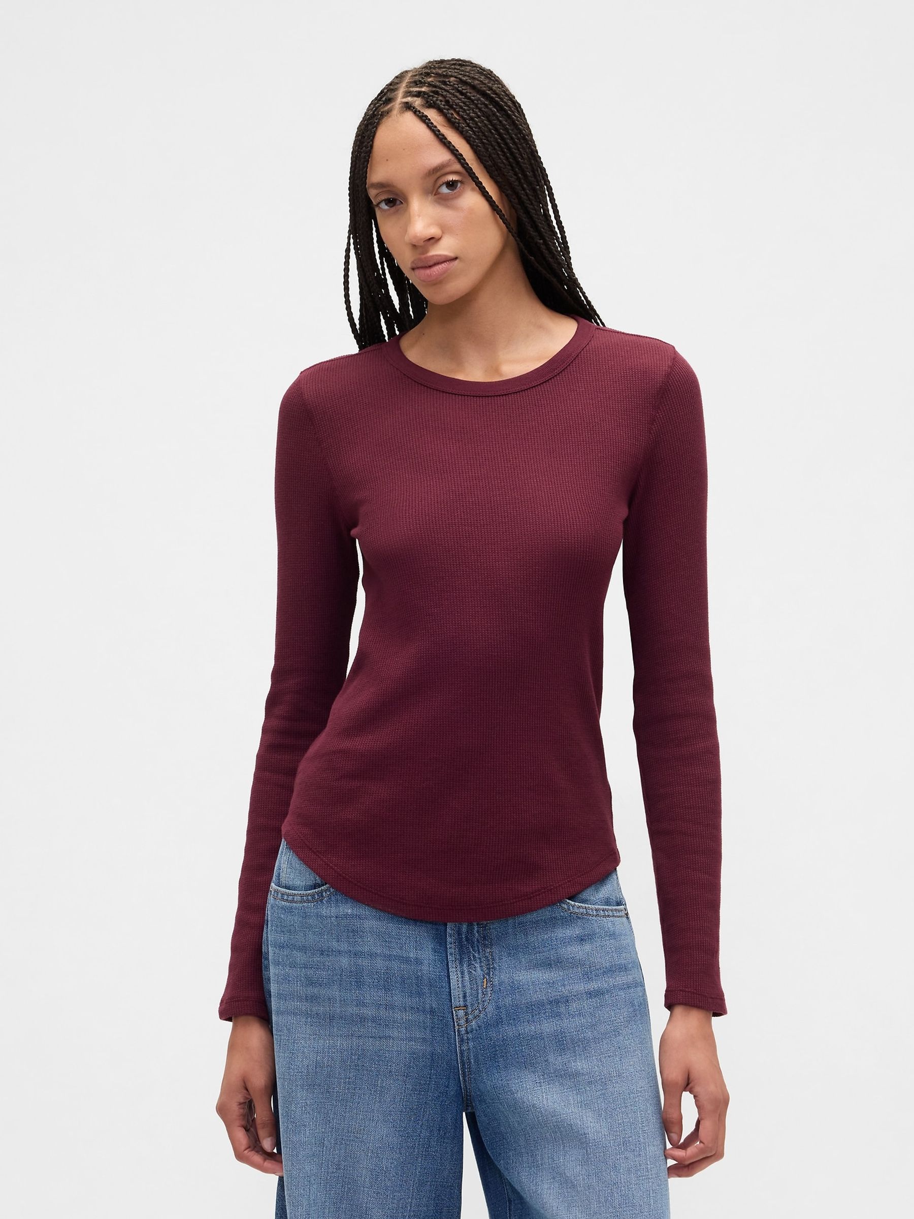 Burgundy Red Waffle Knit Long Sleeve T-Shirt - Image 1 of 5