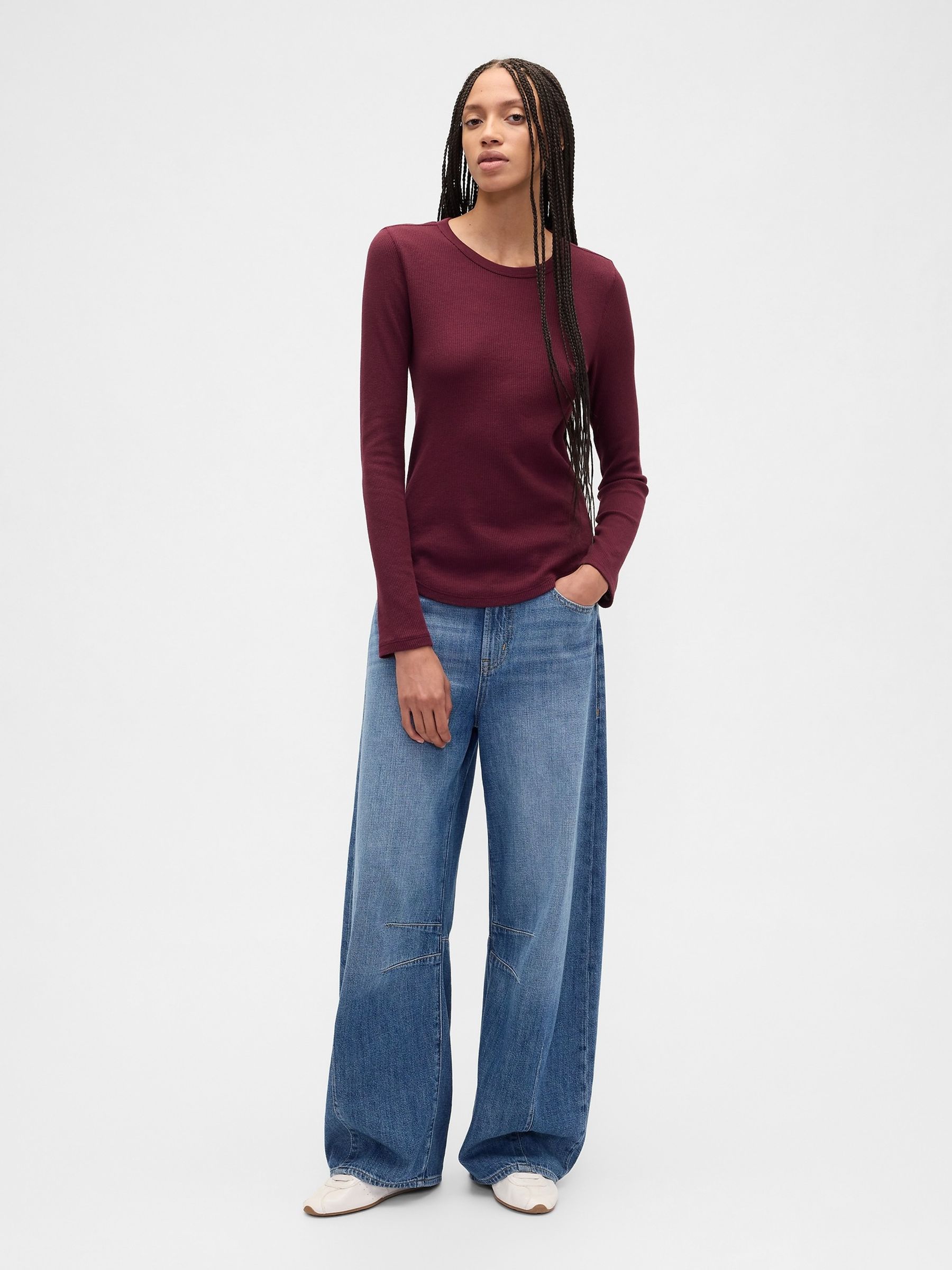 Burgundy Red Waffle Knit Long Sleeve T-Shirt - Image 3 of 5