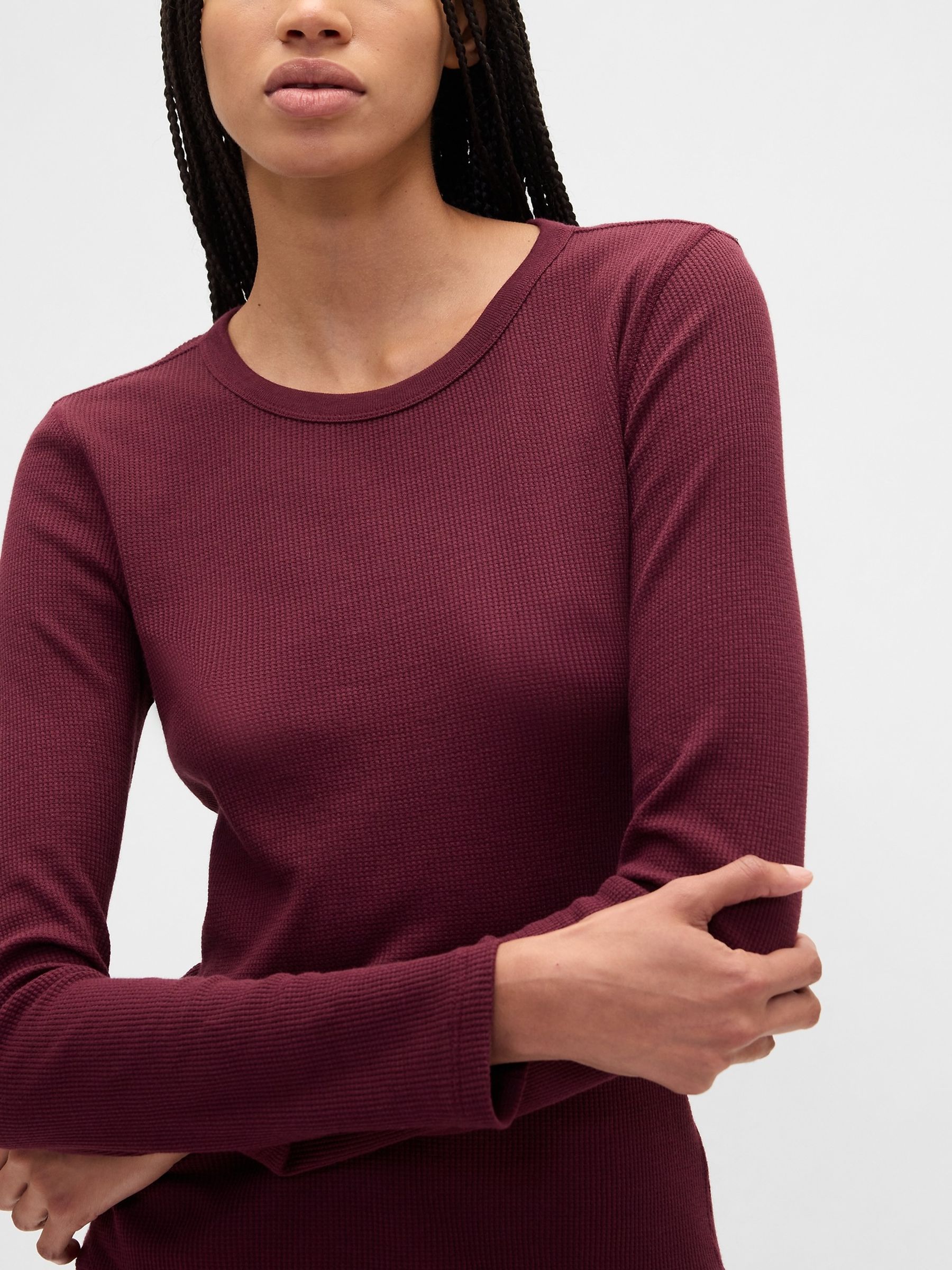 Burgundy Red Waffle Knit Long Sleeve T-Shirt - Image 4 of 5