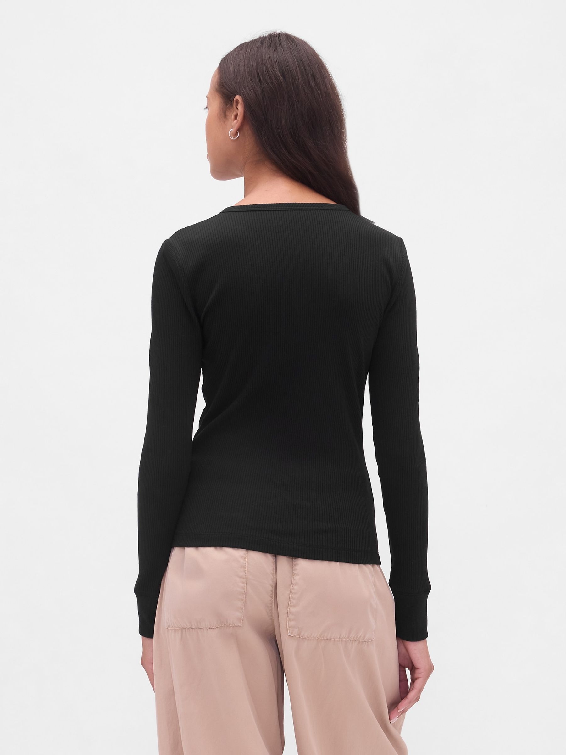Black Modern Rib Long Sleeve Henley T-Shirt - Image 2 of 4
