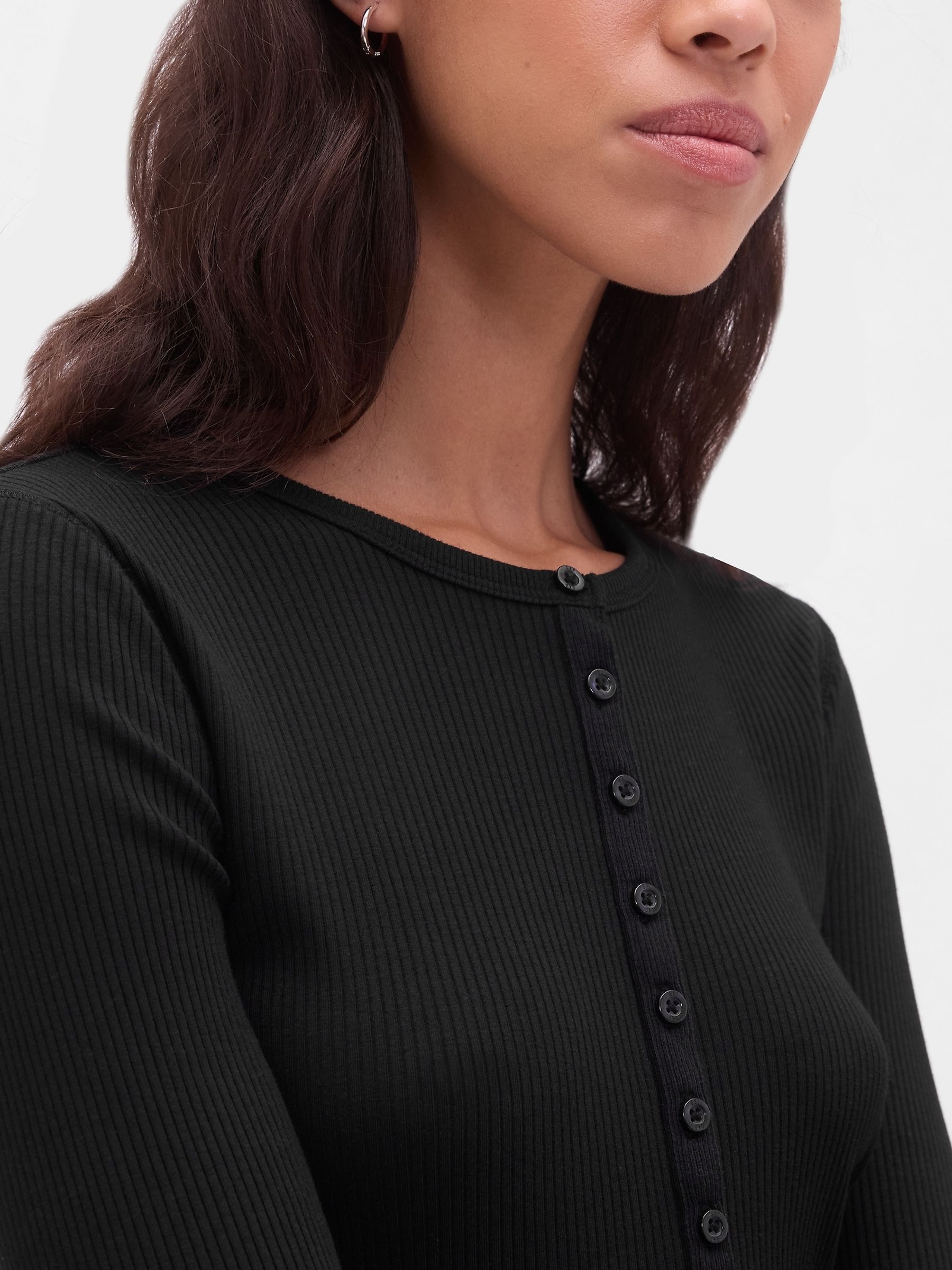 Black Modern Rib Long Sleeve Henley T-Shirt - Image 3 of 4