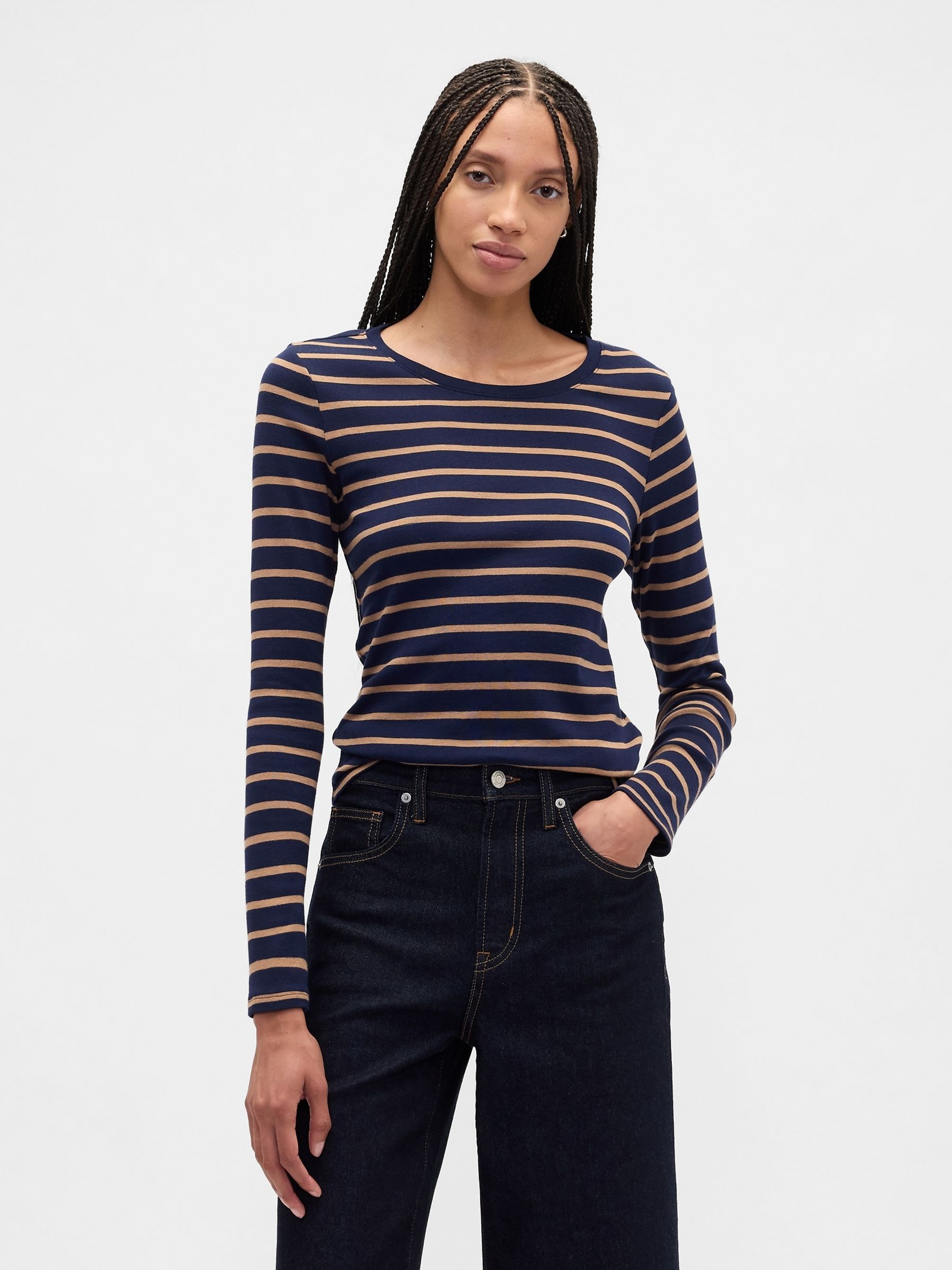 Blue Modern Crewneck Long Sleeve T-Shirt - Image 1 of 5