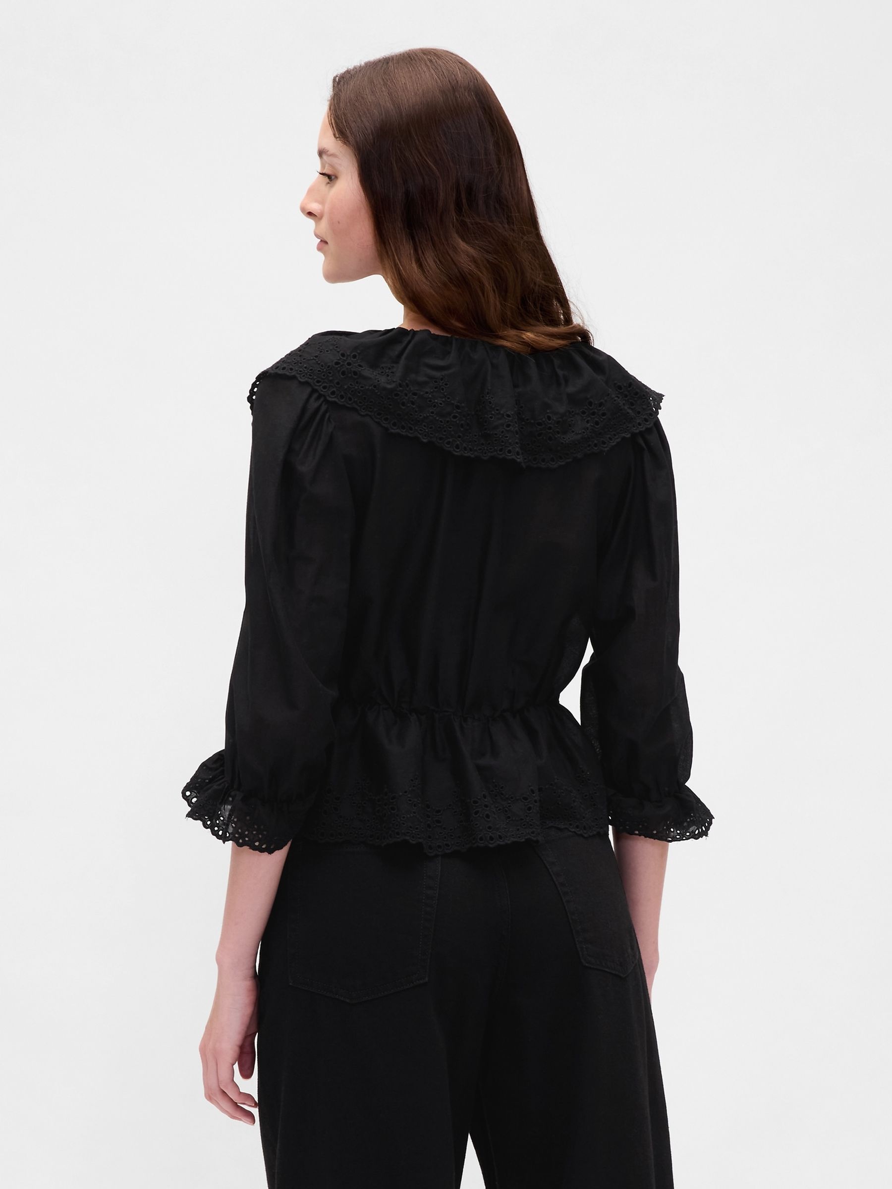 Black Ruffle Collar V-Neck Top - Image 2 of 4
