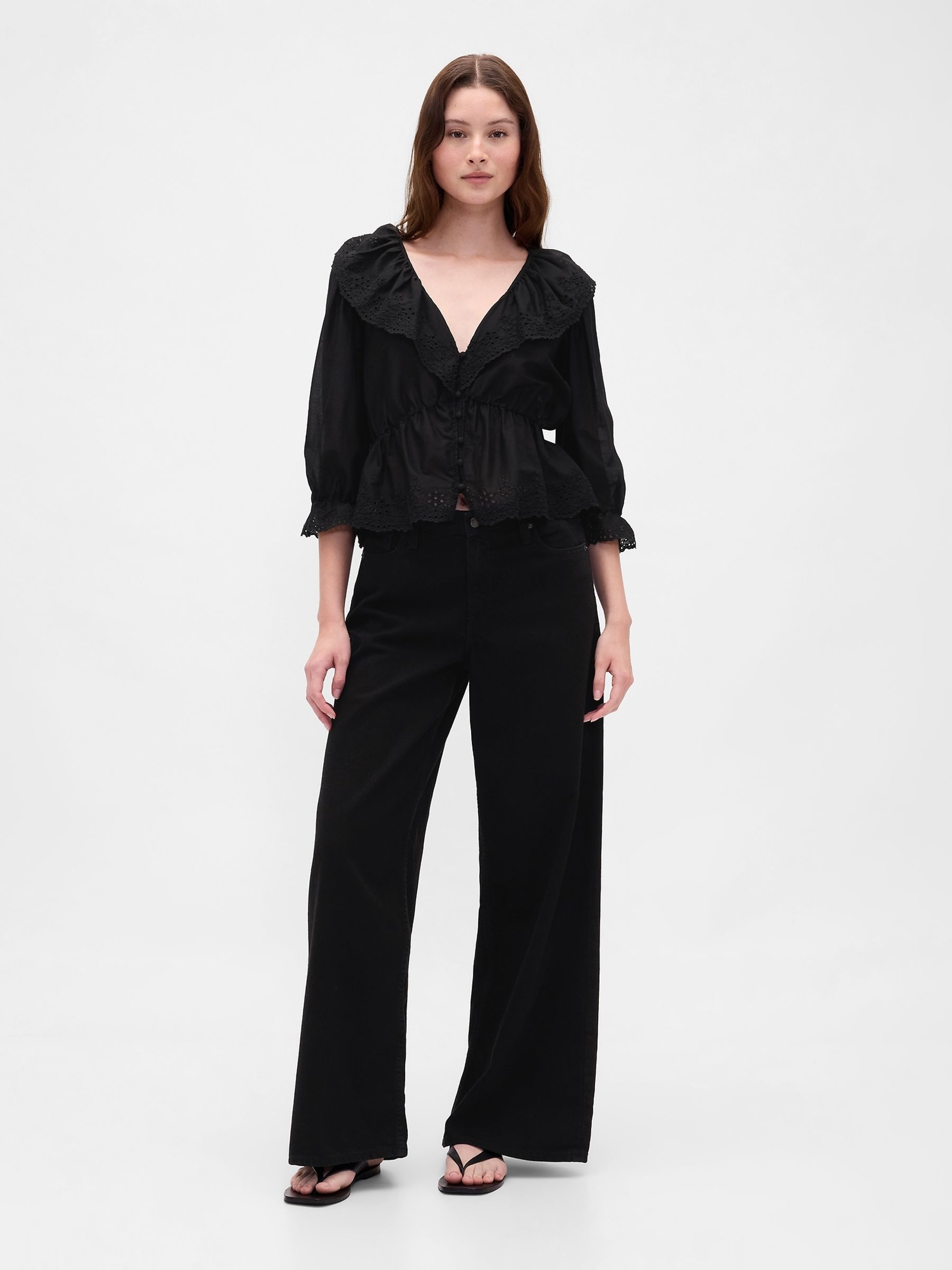 Black Ruffle Collar V-Neck Top - Image 3 of 4