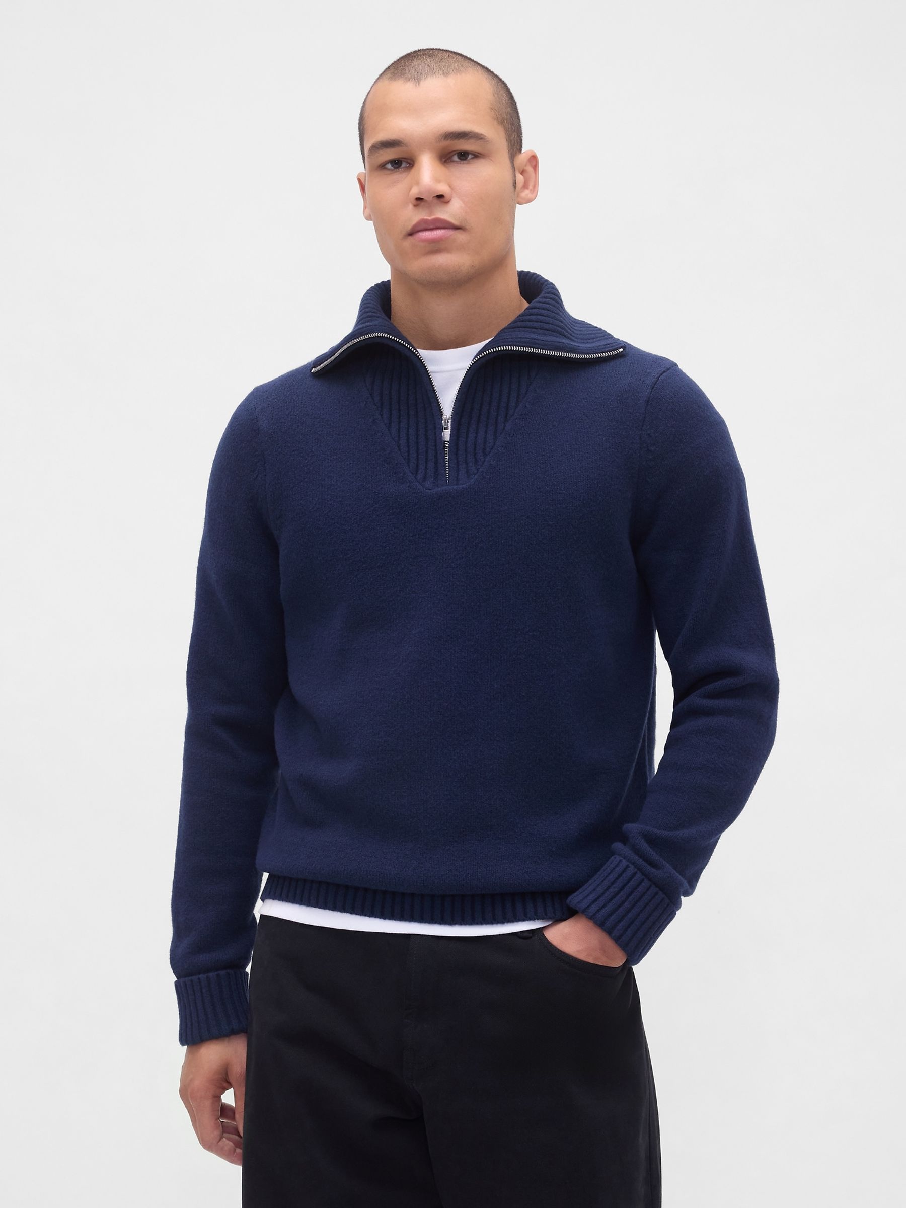 Navy Blue Soft Touch Quarter Zip Pullover Sweatshirt - Image 1 of 4