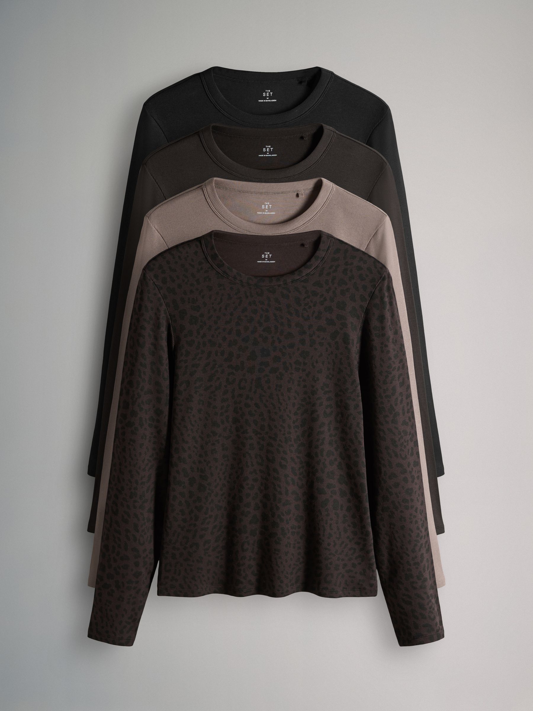 Navy/Animal/Ganache/Cinder - 4 Pack Long Sleeve Ribbed T-Shirts - Image 1 of 7 Navy/Animal/Ganache/Cinder - 4 Pack Long Sleeve Ribbed T-Shirts - Image 1 of 7