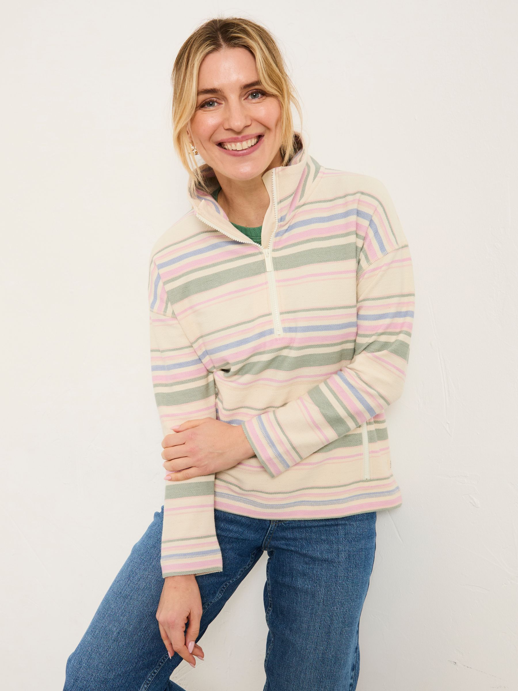 Thea Multi Textured Stripe Half Neck Sweat - Image 1 of 6 Thea Multi Textured Stripe Half Neck Sweat - Image 1 of 6