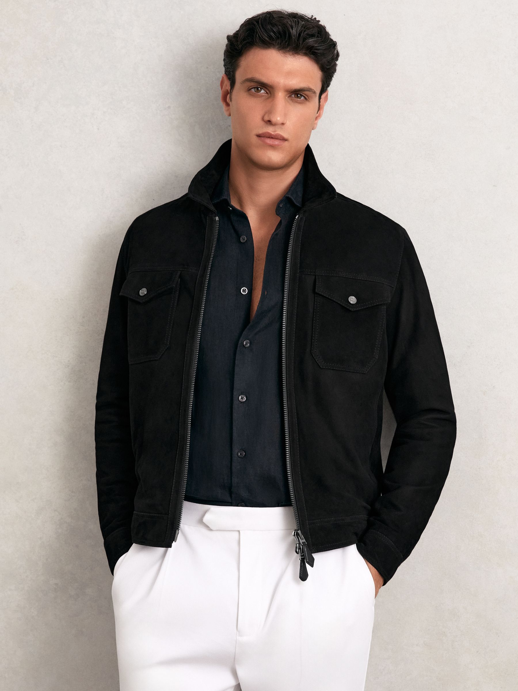 Suede Zip Through Jacket in Black - Image 1 of 6