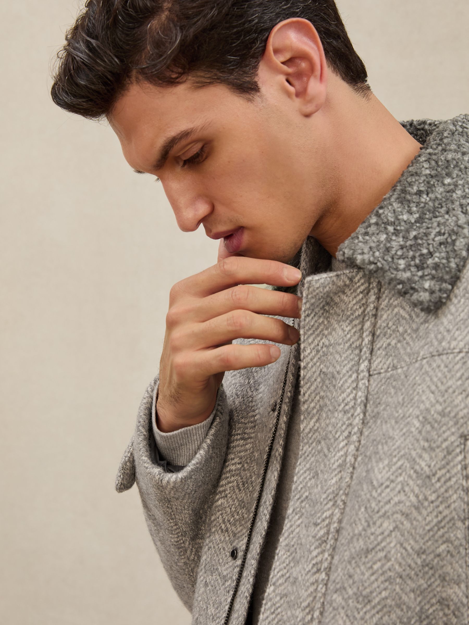 Wool-Cotton Herringbone Jacket in Grey - Image 7 of 10