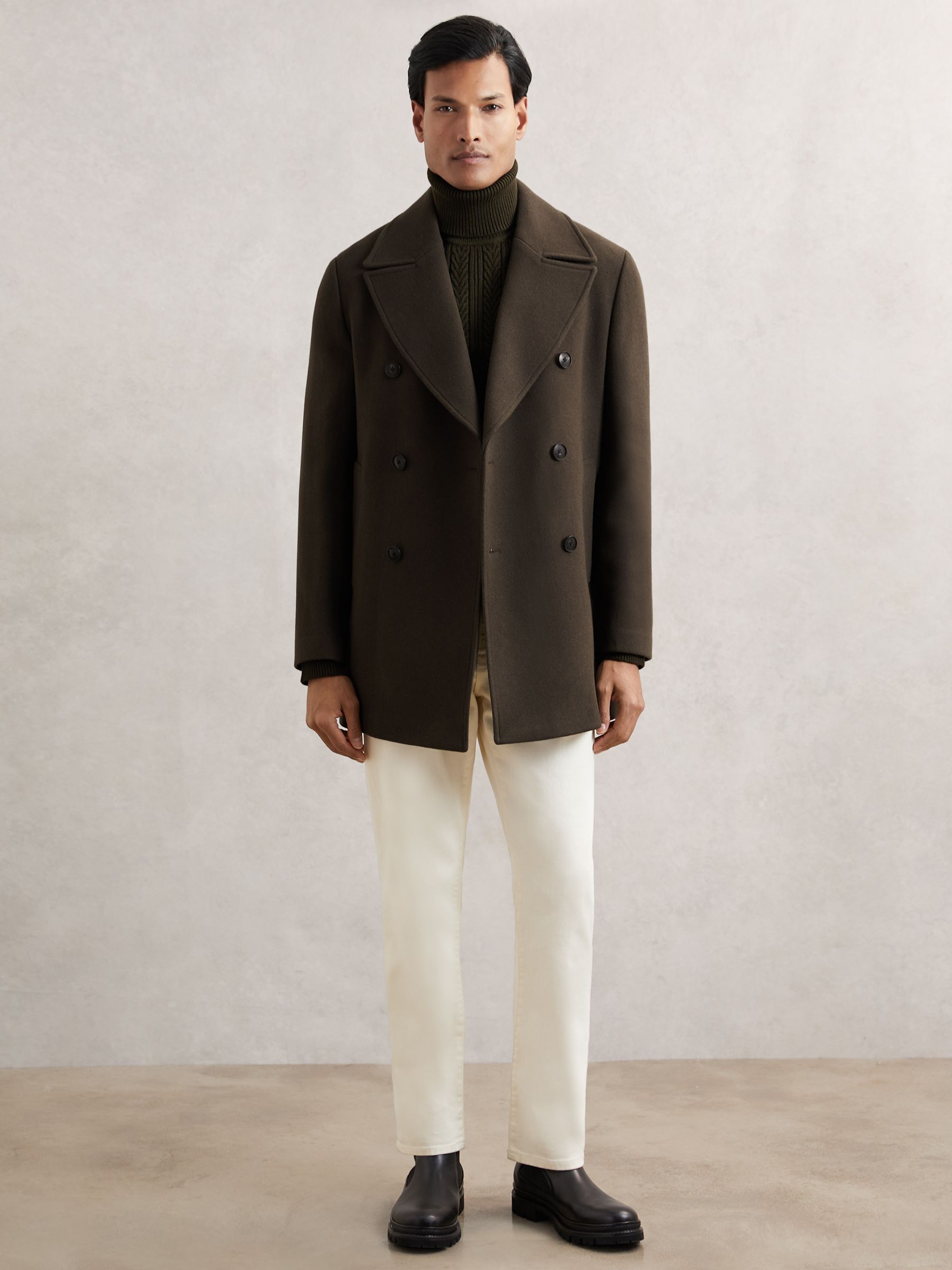 Reiss Wool-Blend Double-Breasted Pea Coat in Dark Green | REISS