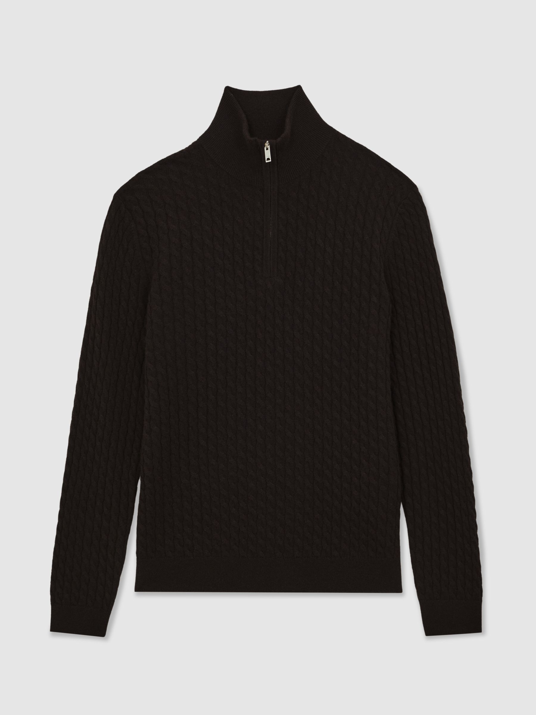 Atelier 100% Cashmere Cable Zip Jumper in Chocolate Brown - Image 2 of 7