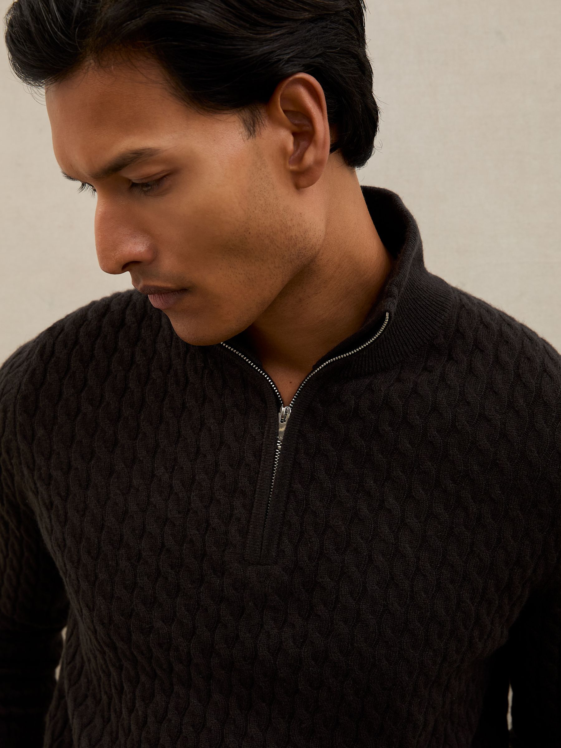 Atelier 100% Cashmere Cable Zip Jumper in Chocolate Brown - Image 3 of 7